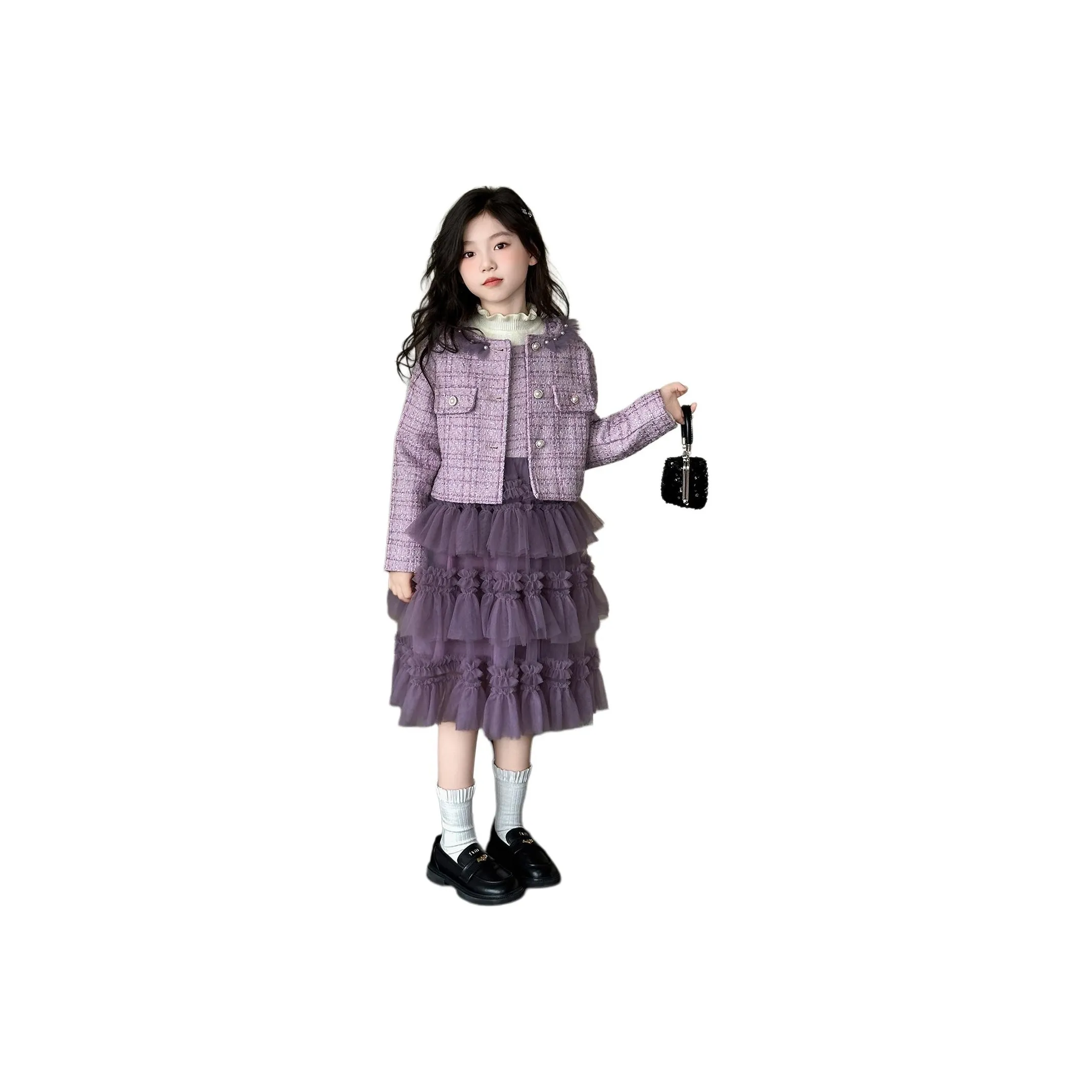 YOUMIWU Фиолетовый Трёхкомпонентный Набор [Базовый слой + Пальто + Платье] Детские Комплекты с Юбкой