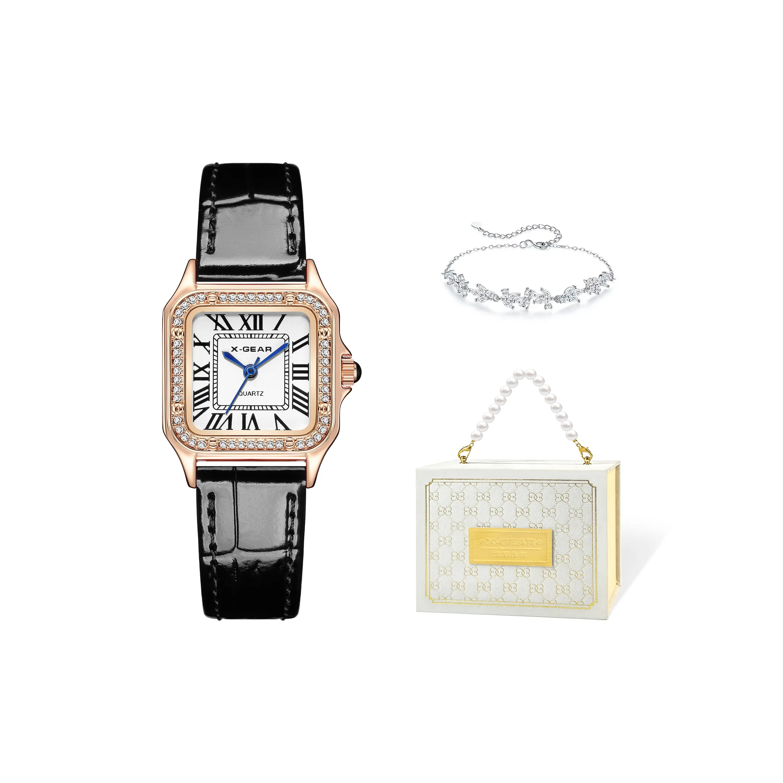 X Шестерня Квадратный Стразы Украшенный Эксклюзивный Роскошный Премиум Часы Кварцевый Механизм Корова Кожа Ремешок Часы