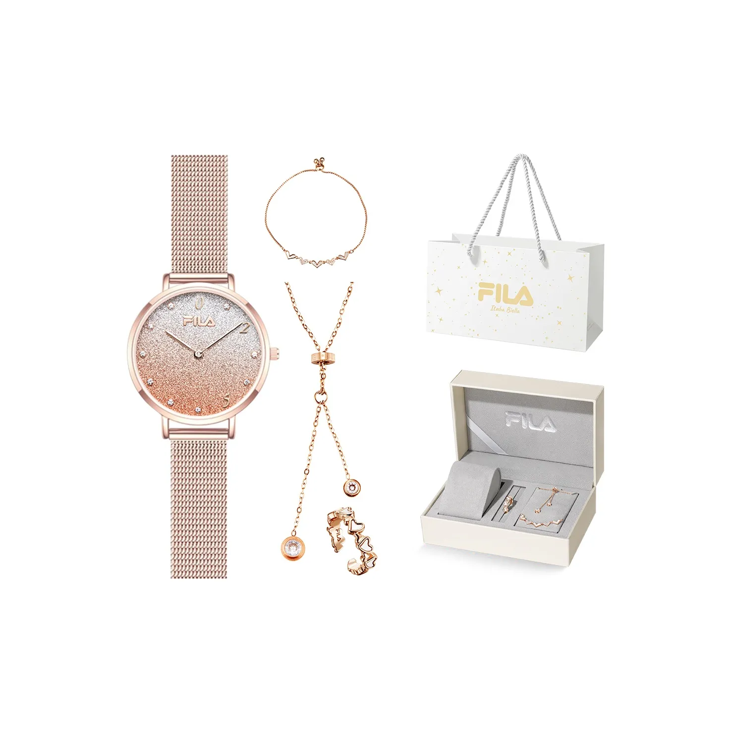 FILA Женские часы Кварцевый механизм Ремешок из нержавеющей стали Золотой циферблат Часы Любовь с первого взгляда Романтическая коробка