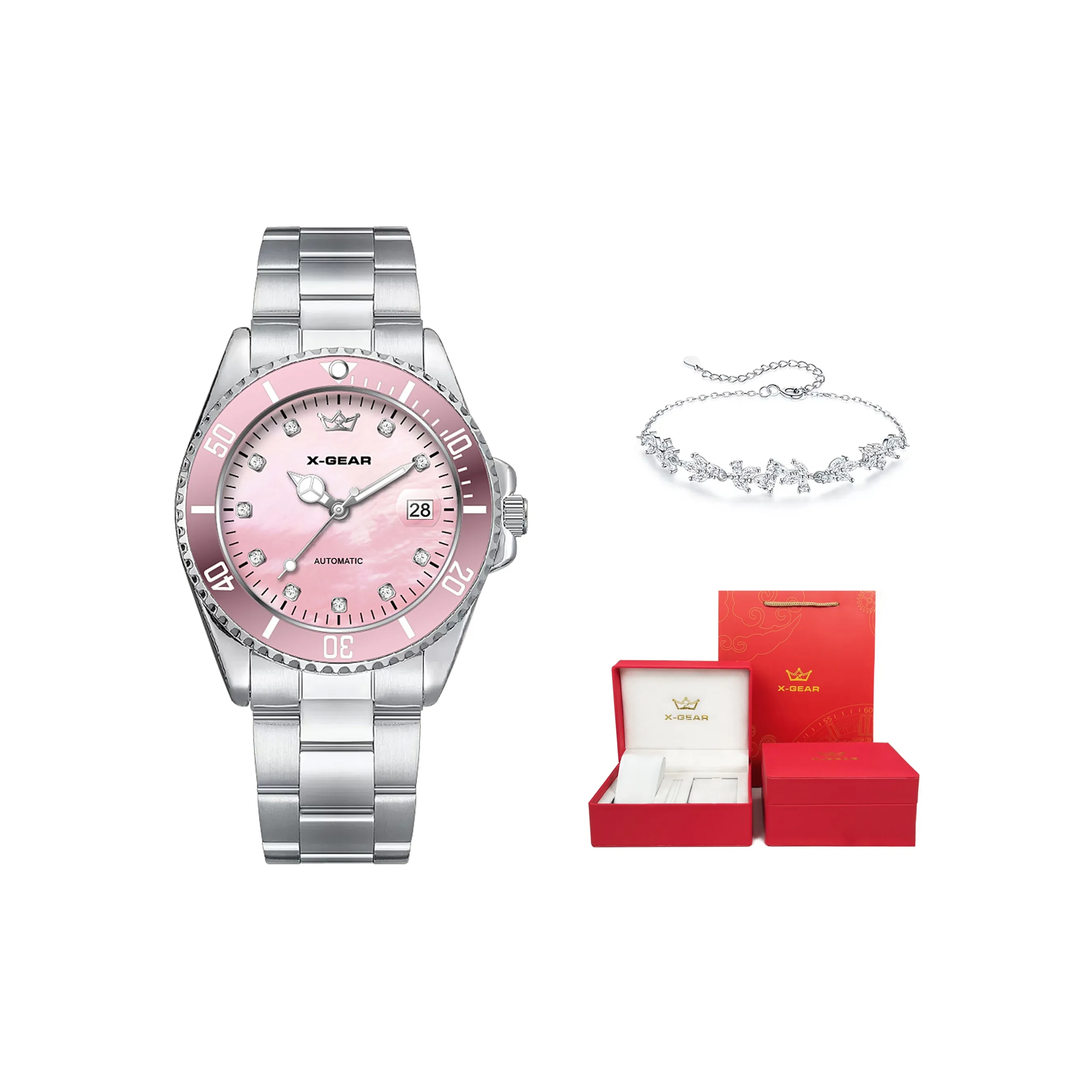 X Gear Автоматический Механический Movement Женские Часы 35 мм Розовые