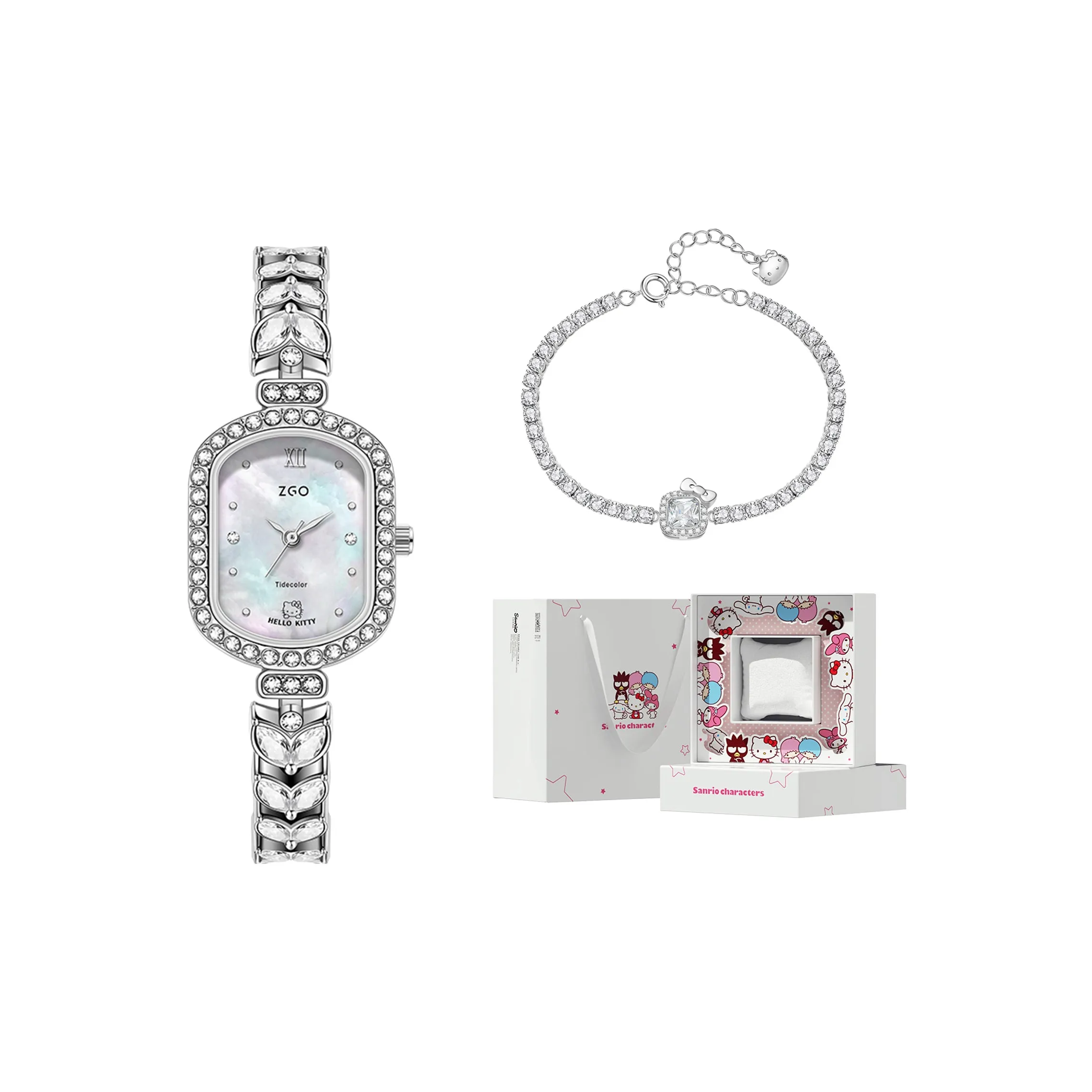 Zgo Sanrio Hello Kitty Кварцевый механизм Сплав Ремешок Часы Женские Серебристый циферблат