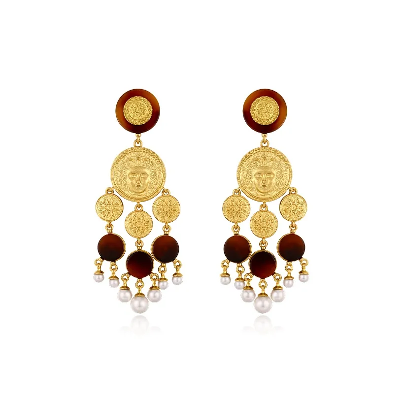 Retro Chic Brass Gold Plated Смола Shell Pearl Jade Gold Tassel Earrings Women's