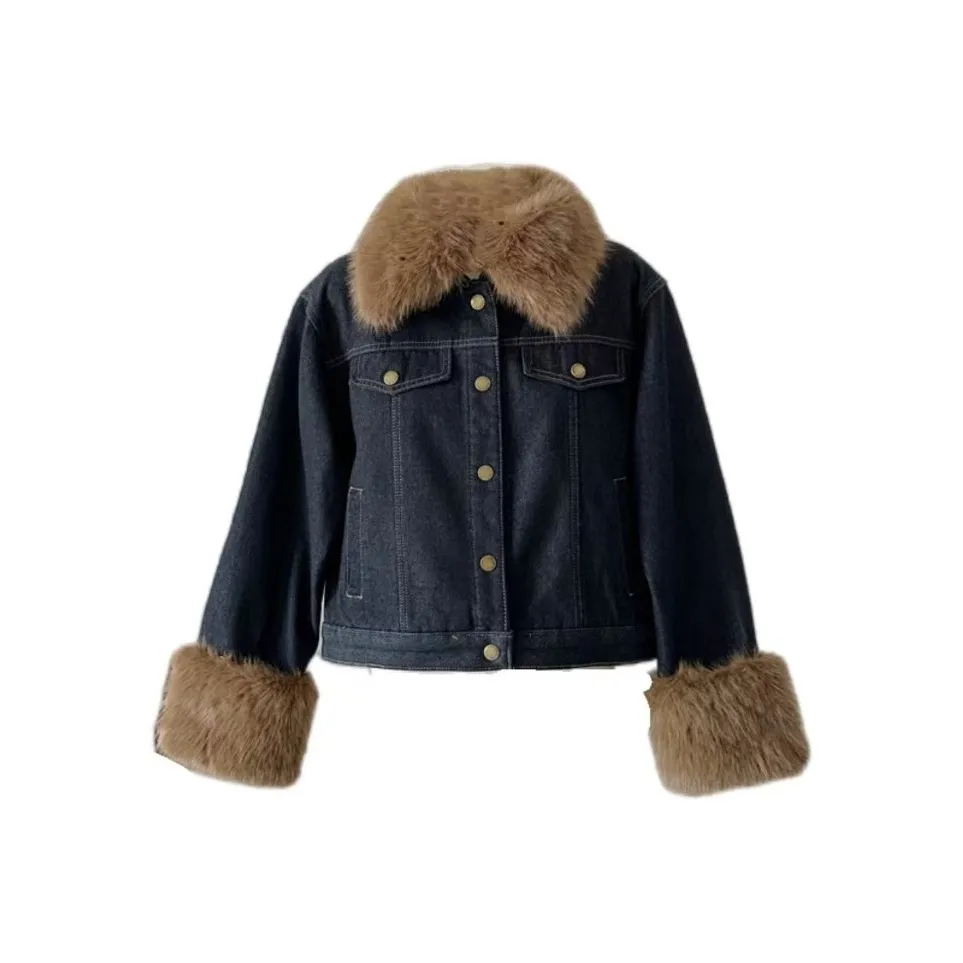 EMDPN Деним Куртка с меховым воротником съемная женская джинсовая куртка