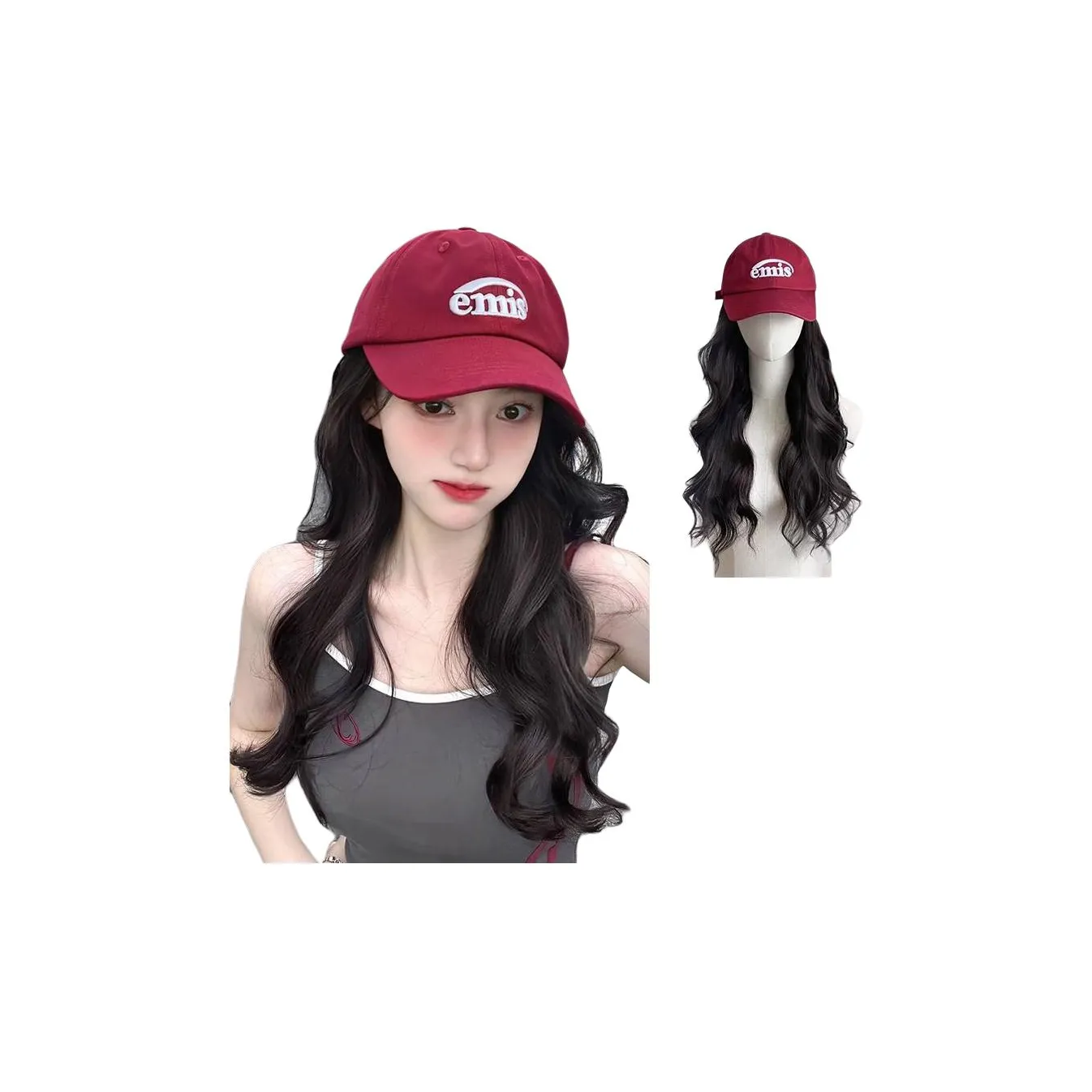 MUNINGFEI Шапки Кепки Парики Интегрированные Длинные Волосы Мода Красная Бейсболка с Пом Высокотемпературная Пряжа Длинные Кудрявые Волосы