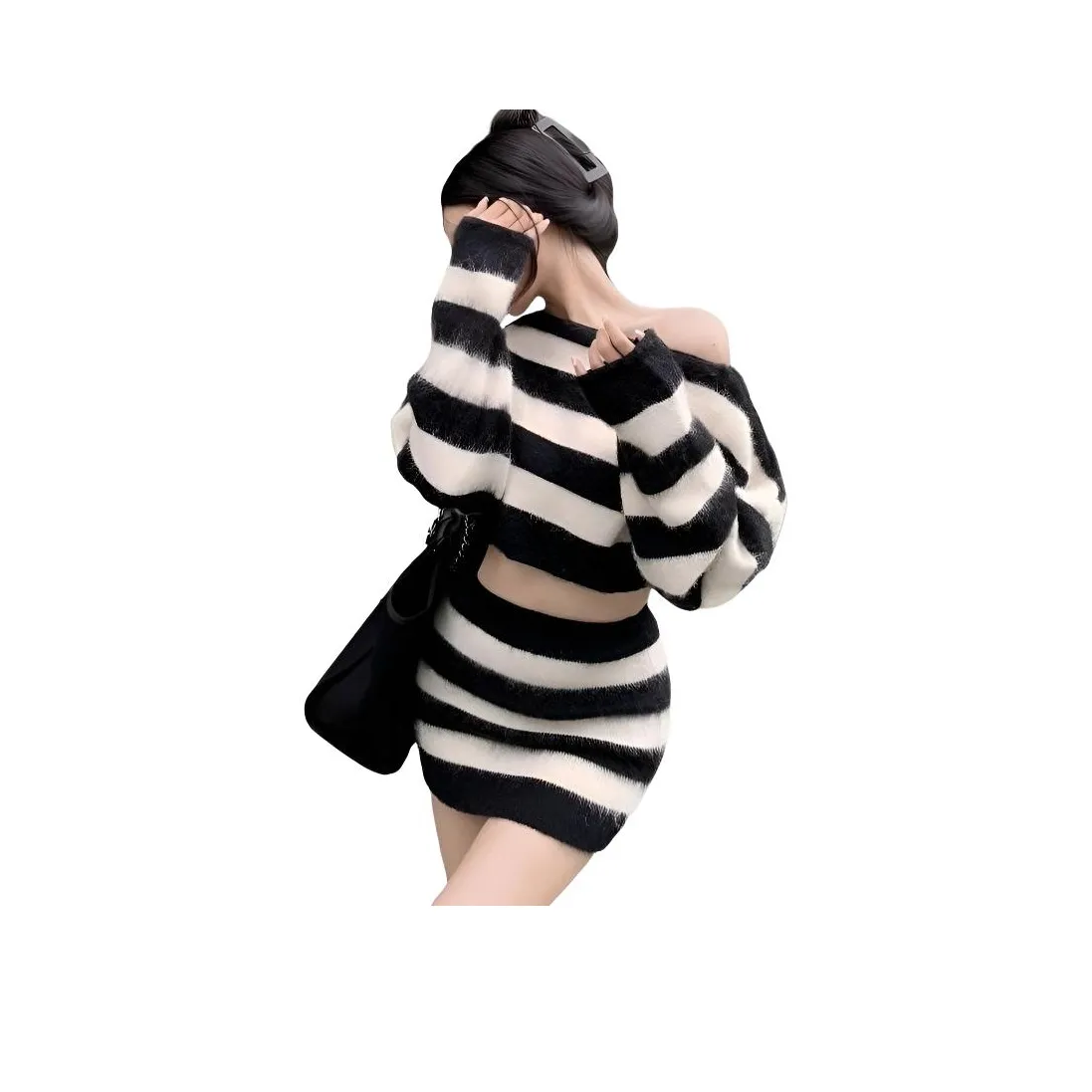 MDEHT Черно-белые полосы Комплекты одежды Женские Юбка-комплект