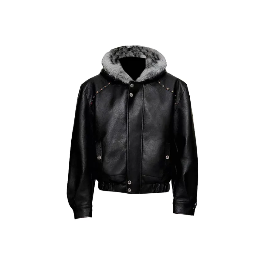 SNEIKLAU Черный [Гора Hawk Riveted С капюшоном] Унисекс Кожаные куртки