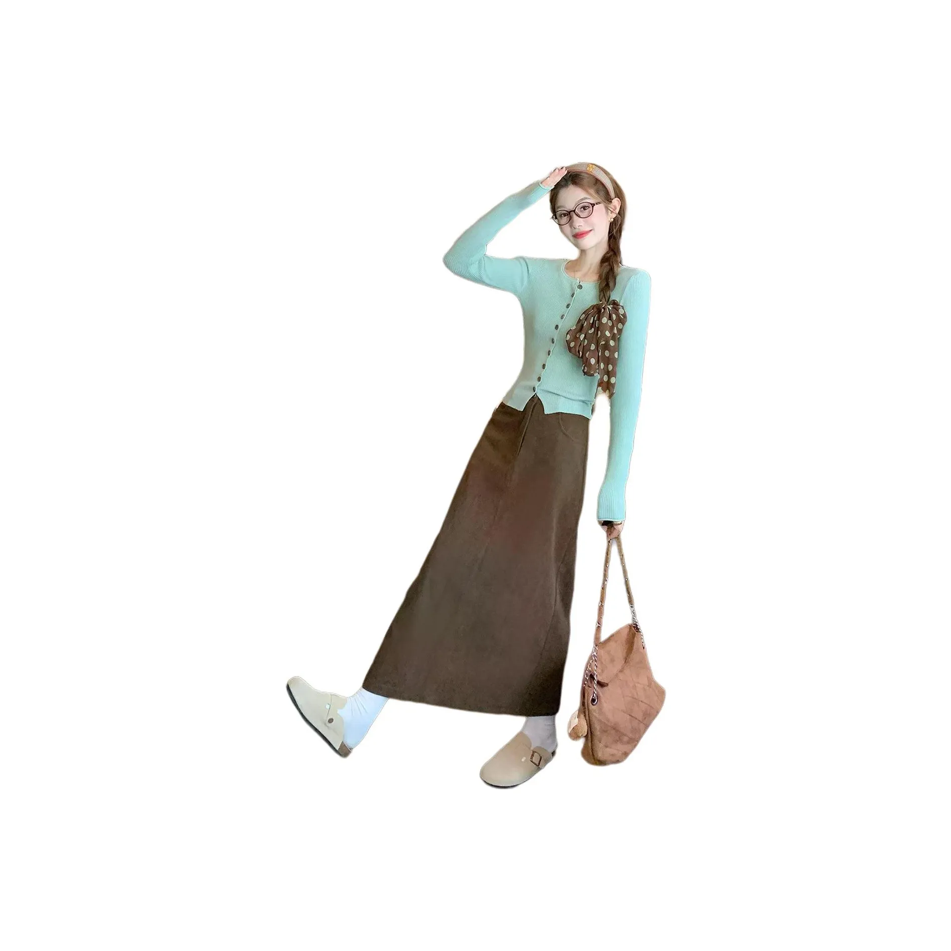 EFCR Зеленый Свитер + Шелковый Шарф + Кофейная Юбка Женские Комплекты с Юбкой