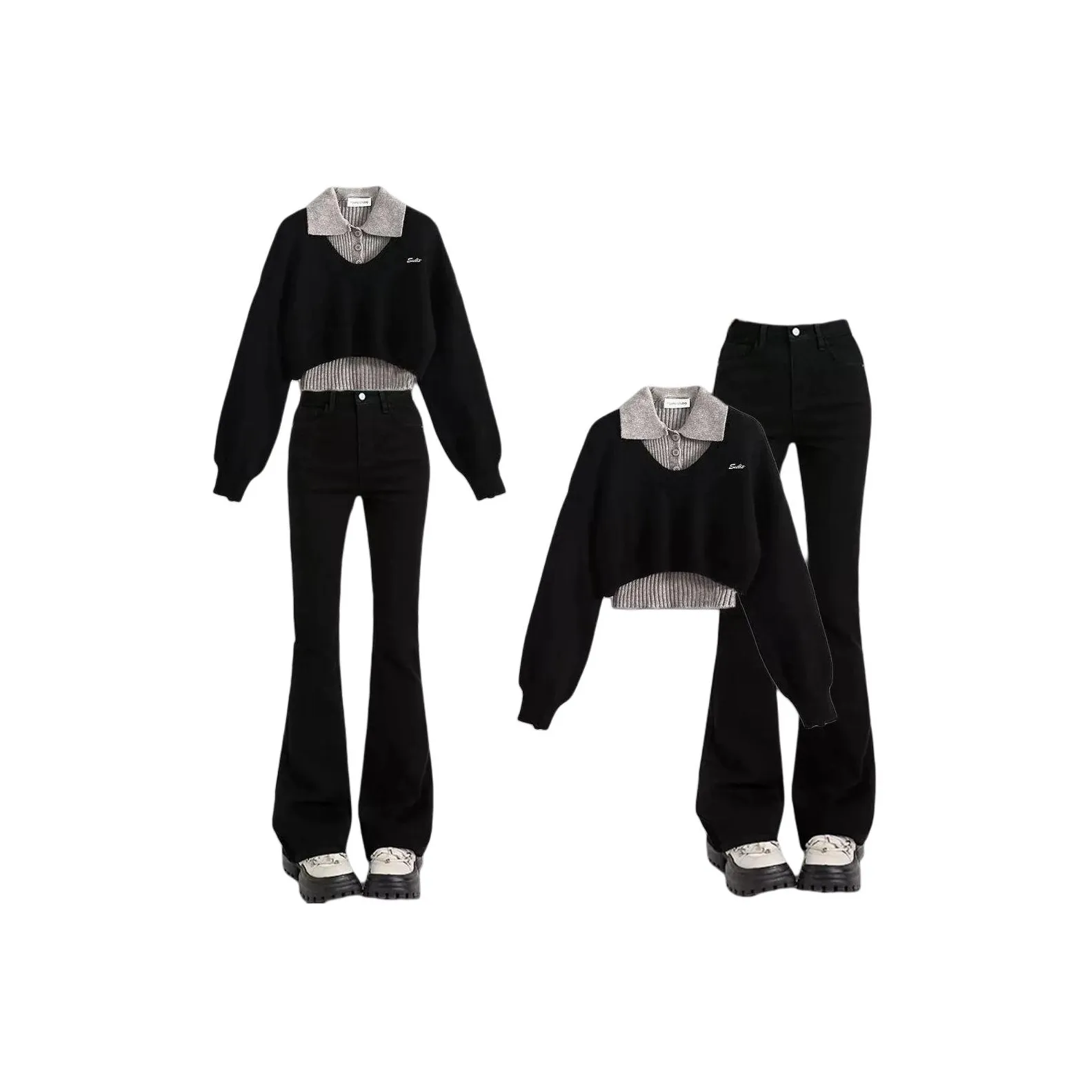 ONENINE34PM Трикотажная ткань Свитер+Майка+Джинсы Женские Комплекты с юбкой