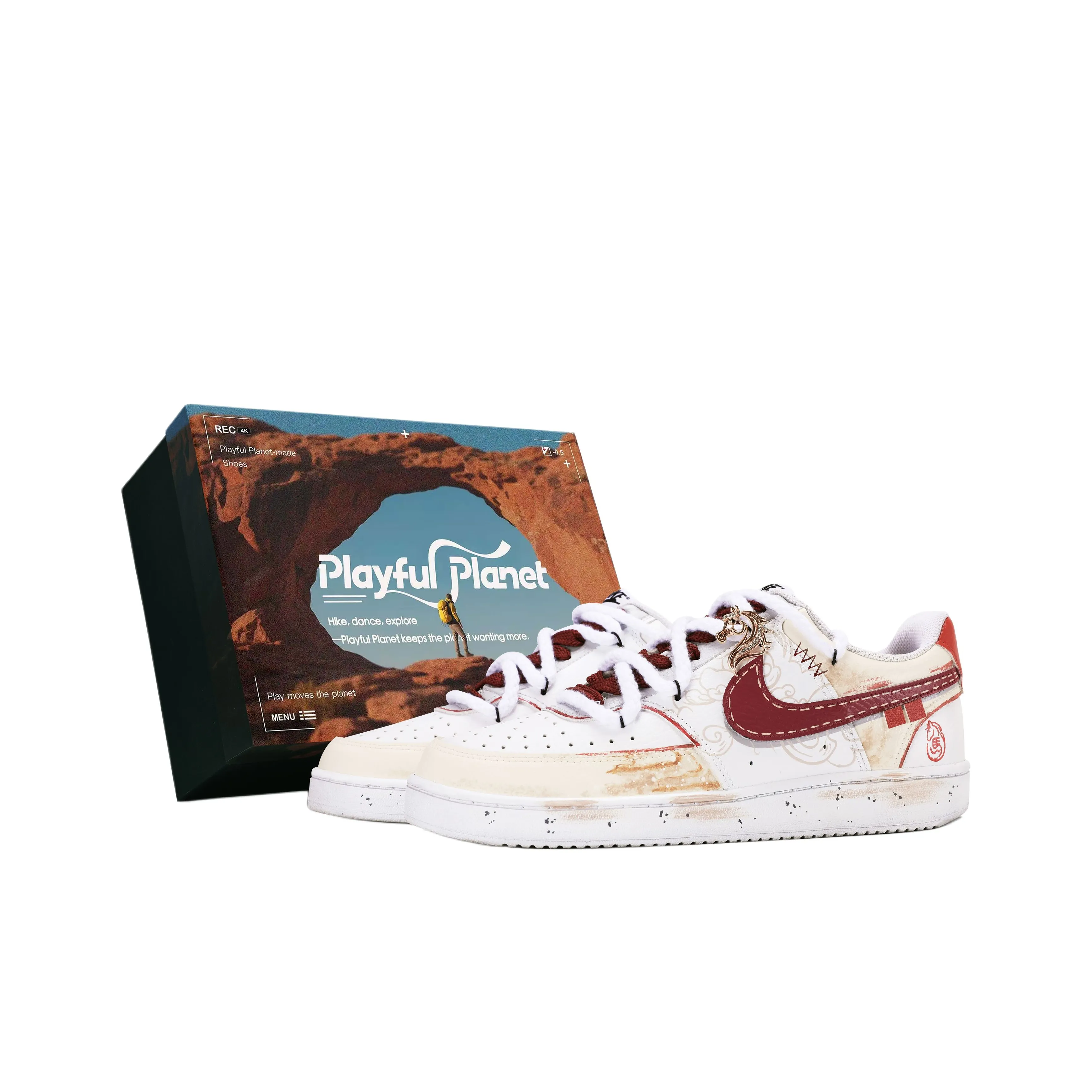 Nike Court Vision Устойчивые к истиранию Низкие Кроссовки для скейтбординга Мужские Морозно-белые Красно-золотые