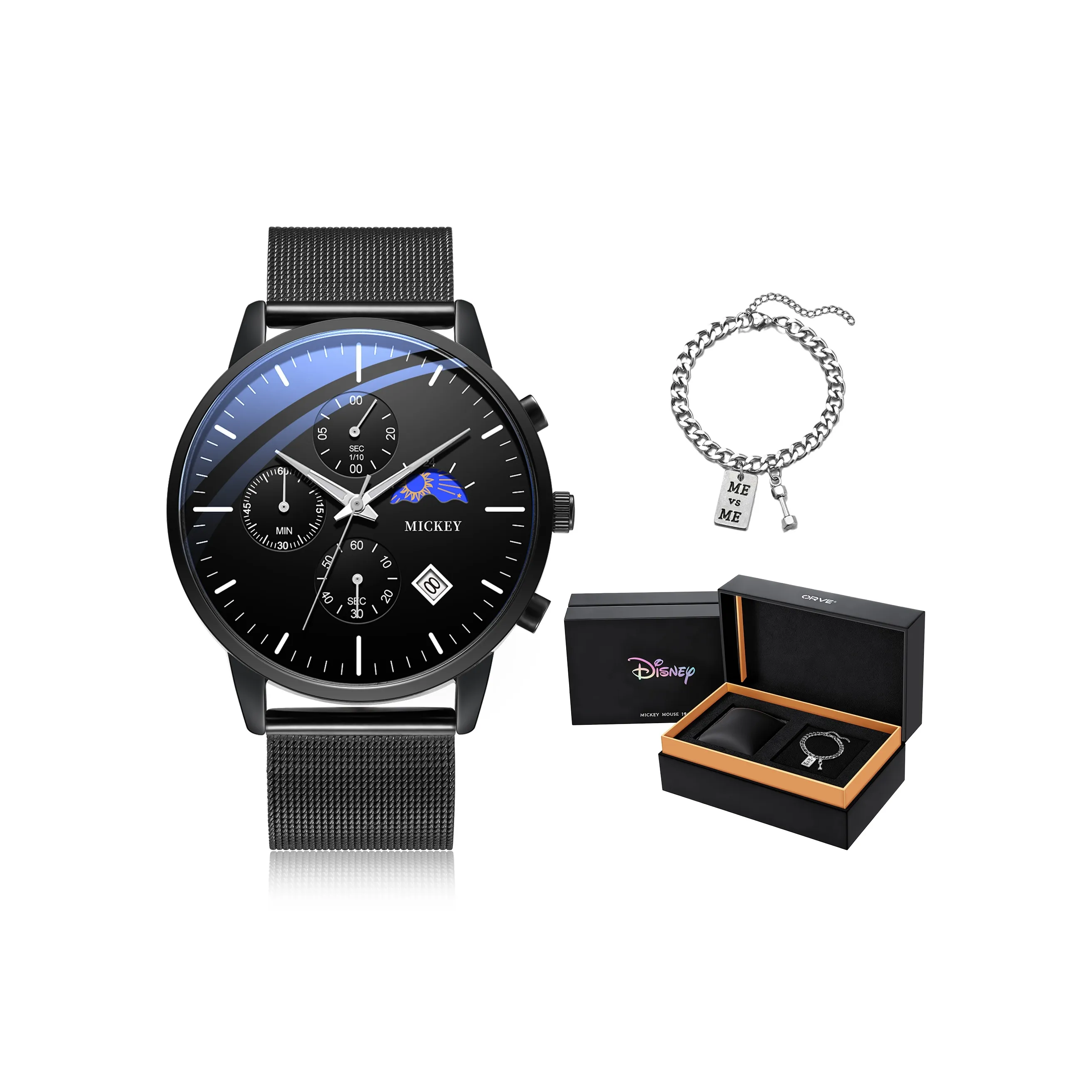 Disney Мужская коллекция Moon Phase Кварцевый механизм Сплав Ремешок Часы Мужские Черный циферблат