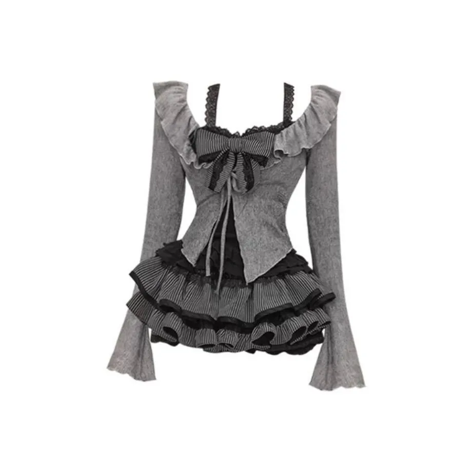 ZWTX STUDIO Серый кардиган + Черные Straps + Черная юбка Женские комплекты с юбкой