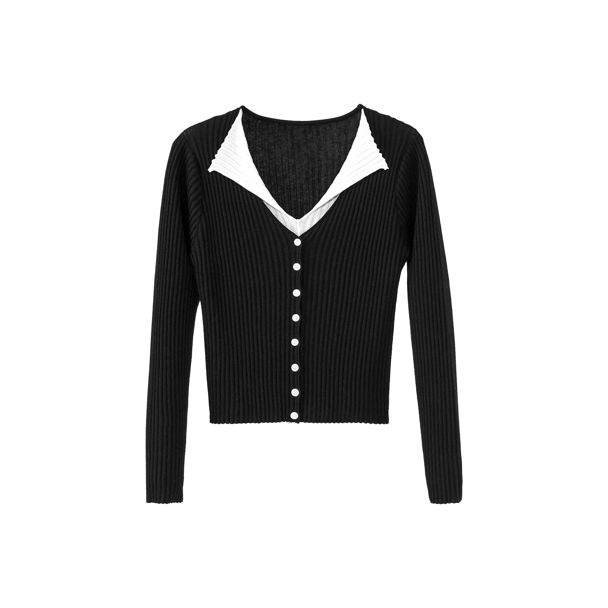 Fstudio Предосенний Корейский стиль Mock Двухкомпонентный Топ с V-вырезом на Воротнике Трикотаж Женский