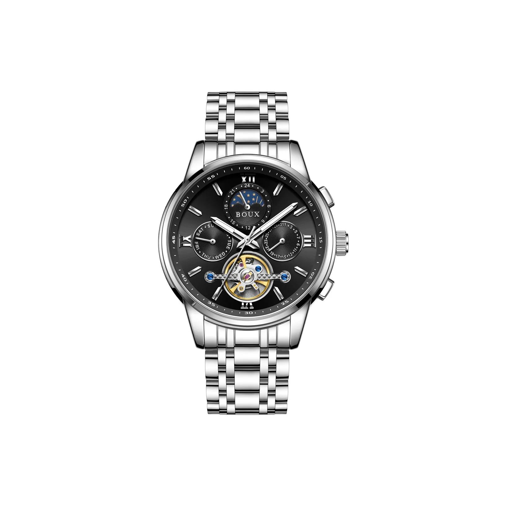 BOUX Galaxy Commander Tourbillon Автоматический Механический Механизм Нержавеющая Сталь Ремешок Часы Мужские Часы