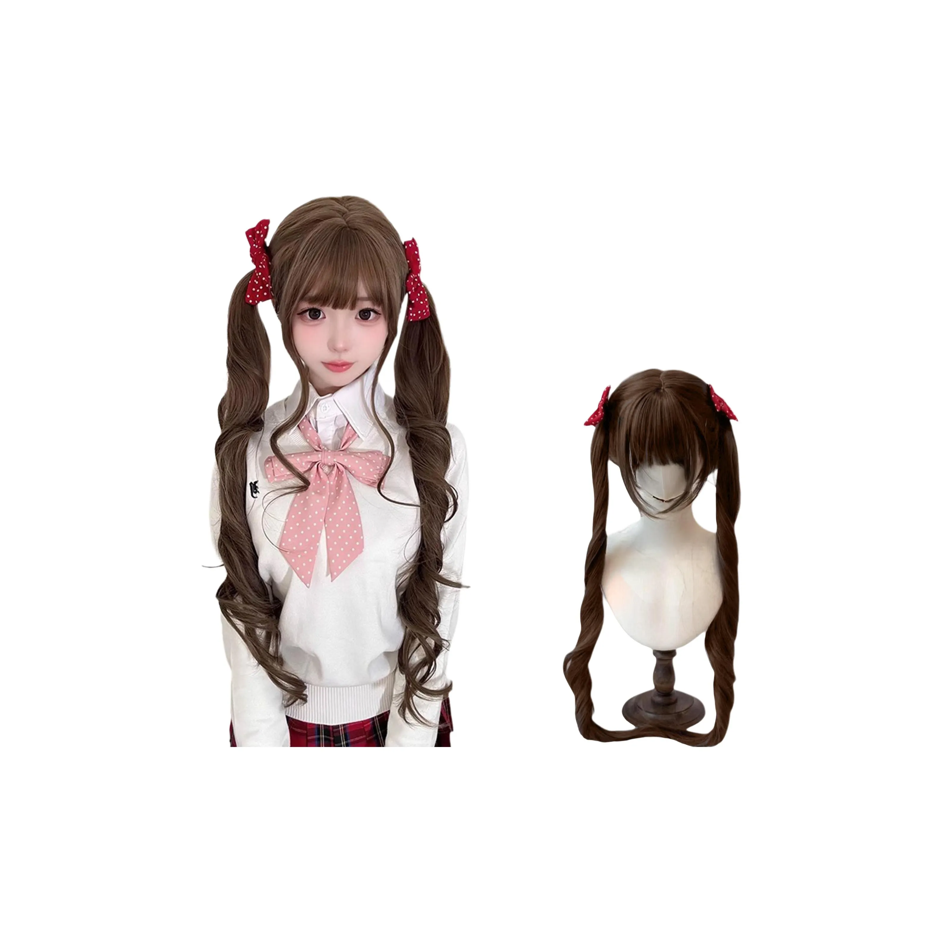 GLUNA Шуао Луо Двойная коса Женская парик Сладкий стиль Прямая чёлка Высокотемпературная пряжа Длинные волнистые