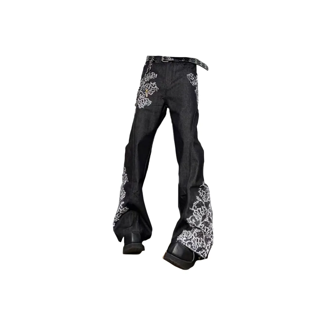 SNEIKLAU Черный [Китайская модная тенденция кружево вышивка] Унисекс Джинсы