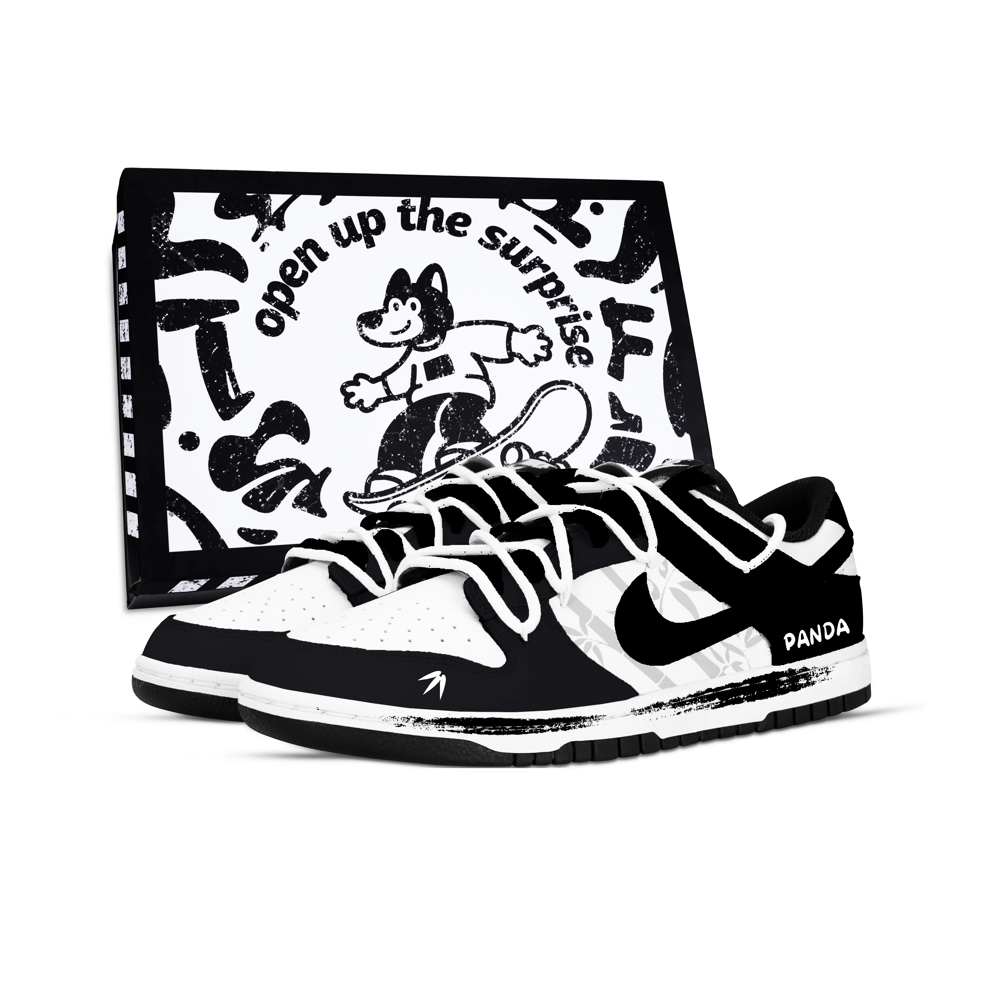 Nike Dunk Бамбук Тень Милый медведь Устойчивый к истиранию Низкий топ Скейтборд Кроссовки Унисекс Черный белый