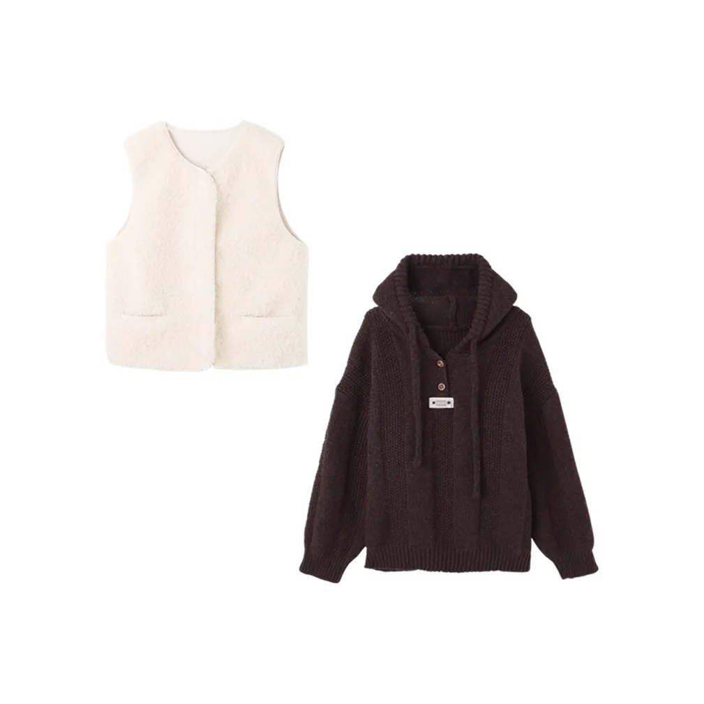 INCO VIBE Жилет из овечьей шерсти + Кофейный свитер с капюшоном повседневный женские костюмы