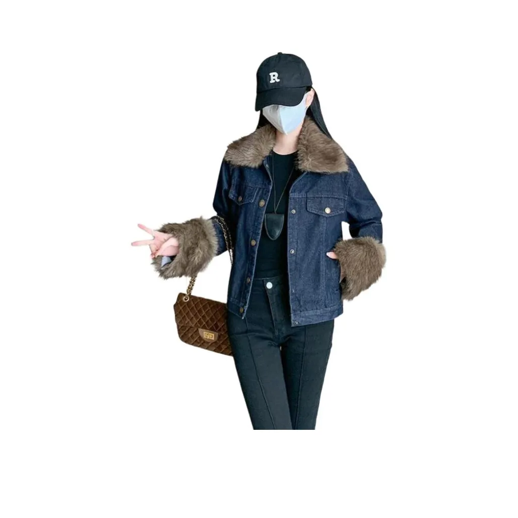 Langqing Синий с флисовой подкладкой женские джинсовые куртки