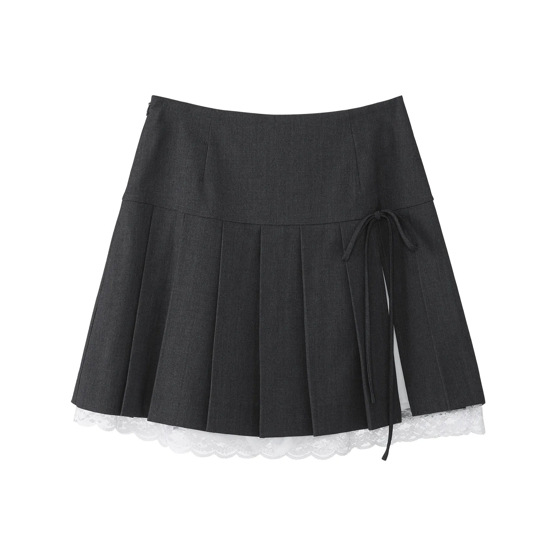 Fstudio Лето Корейский Преппи стиль Разделенный Бант Кружево Вверх Плиссированный Повседневные короткие юбки Женские