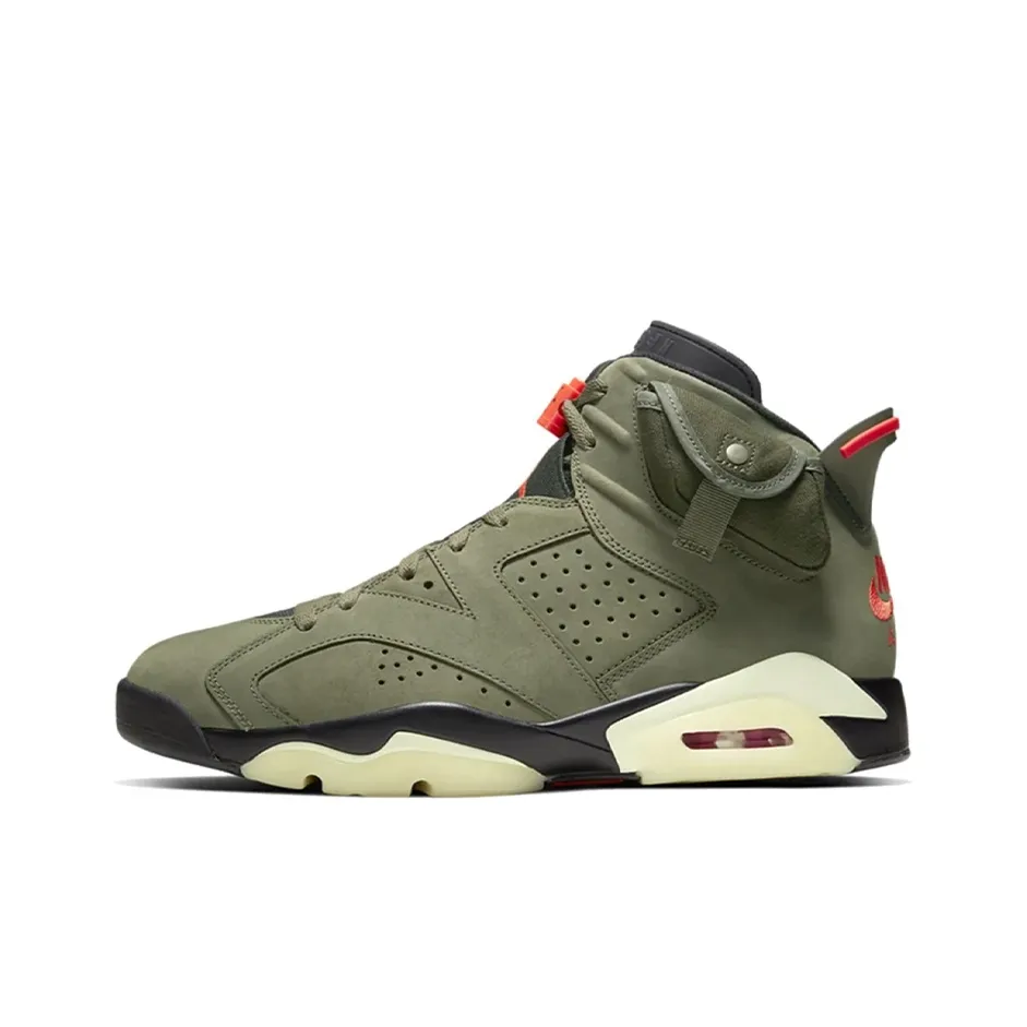 Travis Scott X Jordan Air Jordan 6 Vintage Basketball Shoes Unisex Mid Top Olive Green/Orange