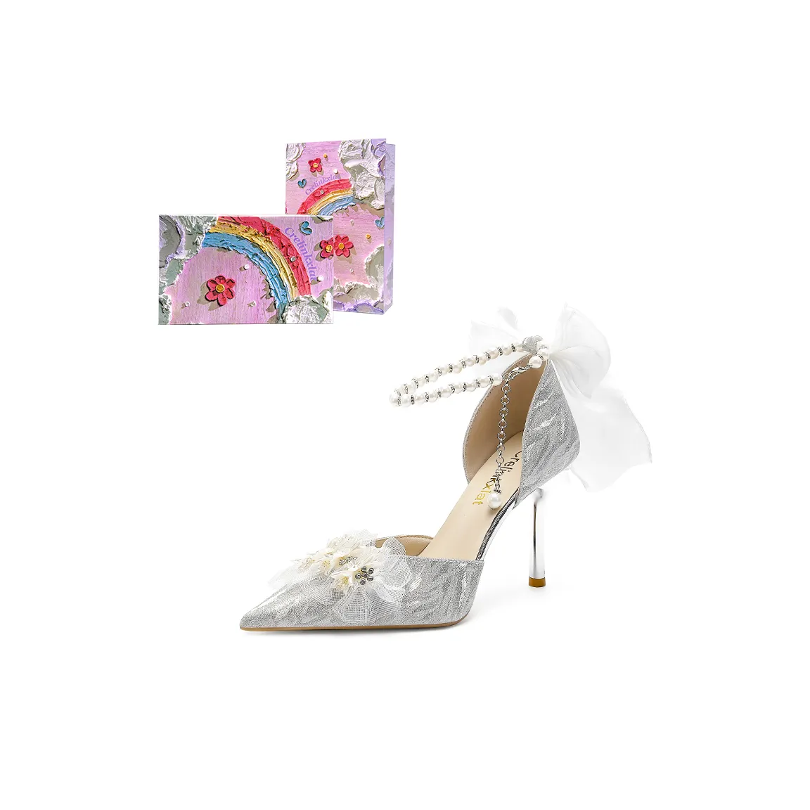 Crelinkxlat [Глазурь Звездный свет] Жемчужный бантик Кристальная обувь для свадьбы ПУ (полиуретан)