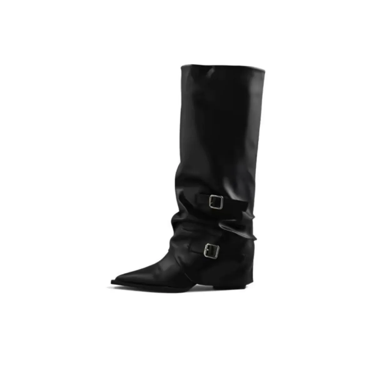 CHERRY&KALIKA Casual French Retro Pointed Elegant High Design Comfort Fashion Belt Buckle Pleated Stacked Boots Petite Slim Leg-Lengthening Cool Autumn Biker Chic Knee-High Boots Women