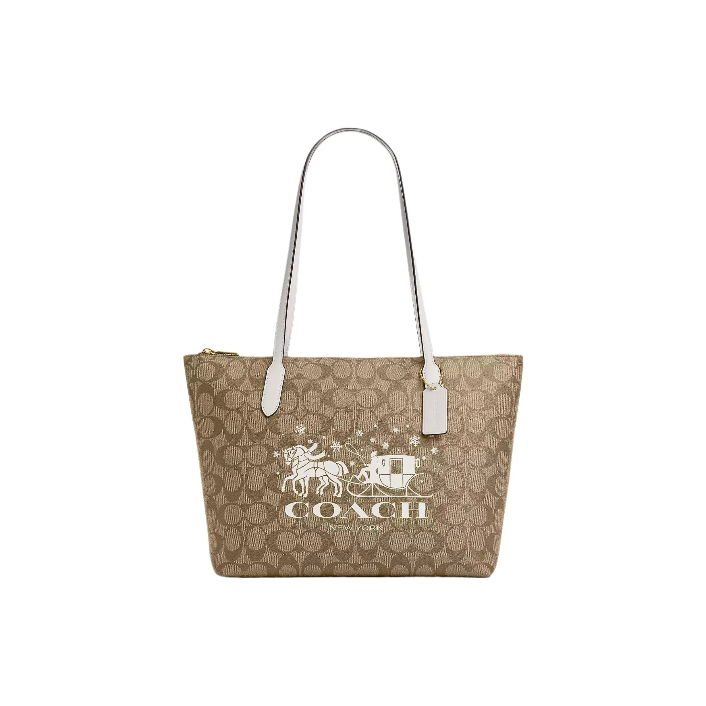 COACH Zip Top Tote Холст с покрытием и гладкая кожа Тоут Сумка Сумка для покупок Сумка на плечо Сумка большая
