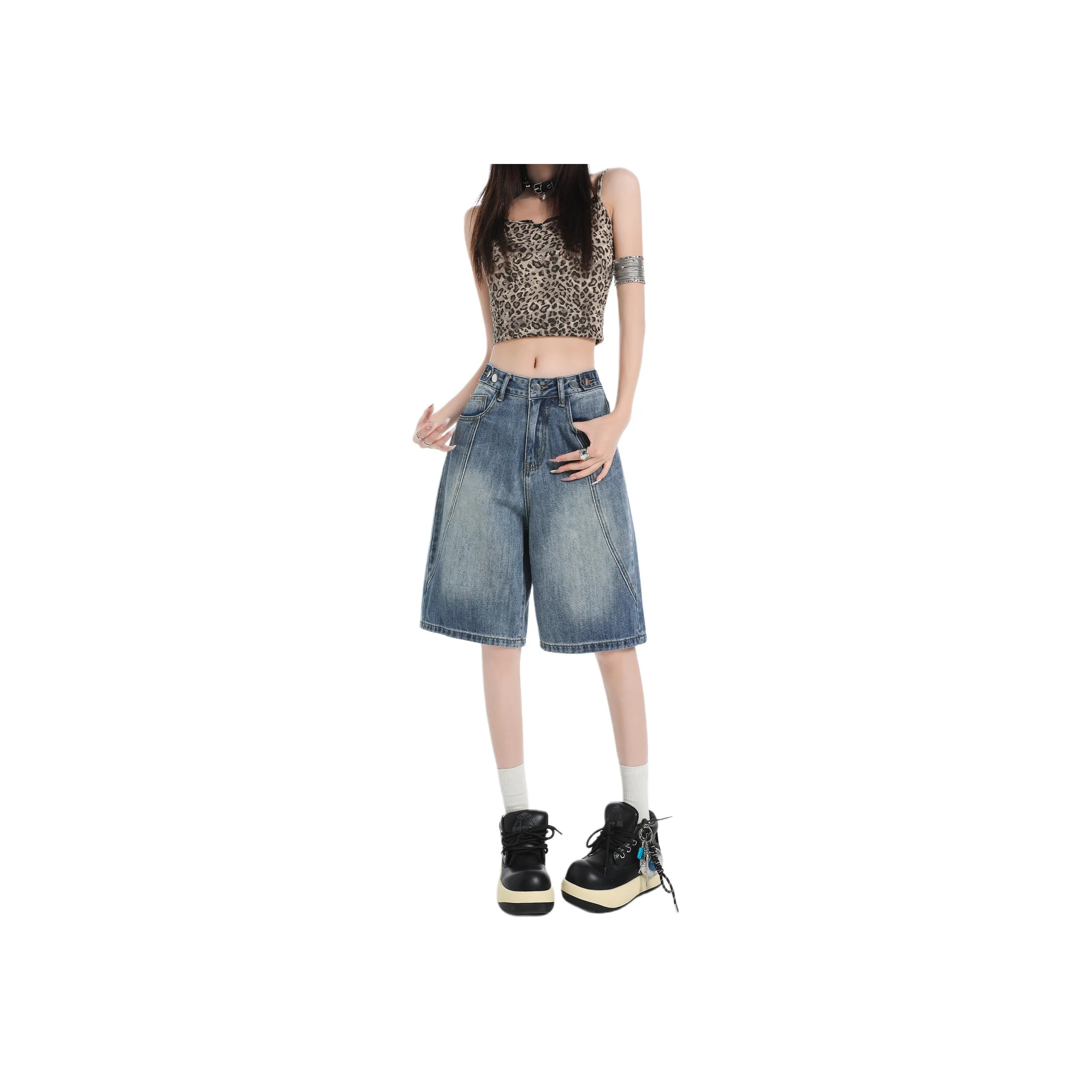 Wen Shan Denim Shorts Women's Vintage Blue Knee Length Pants