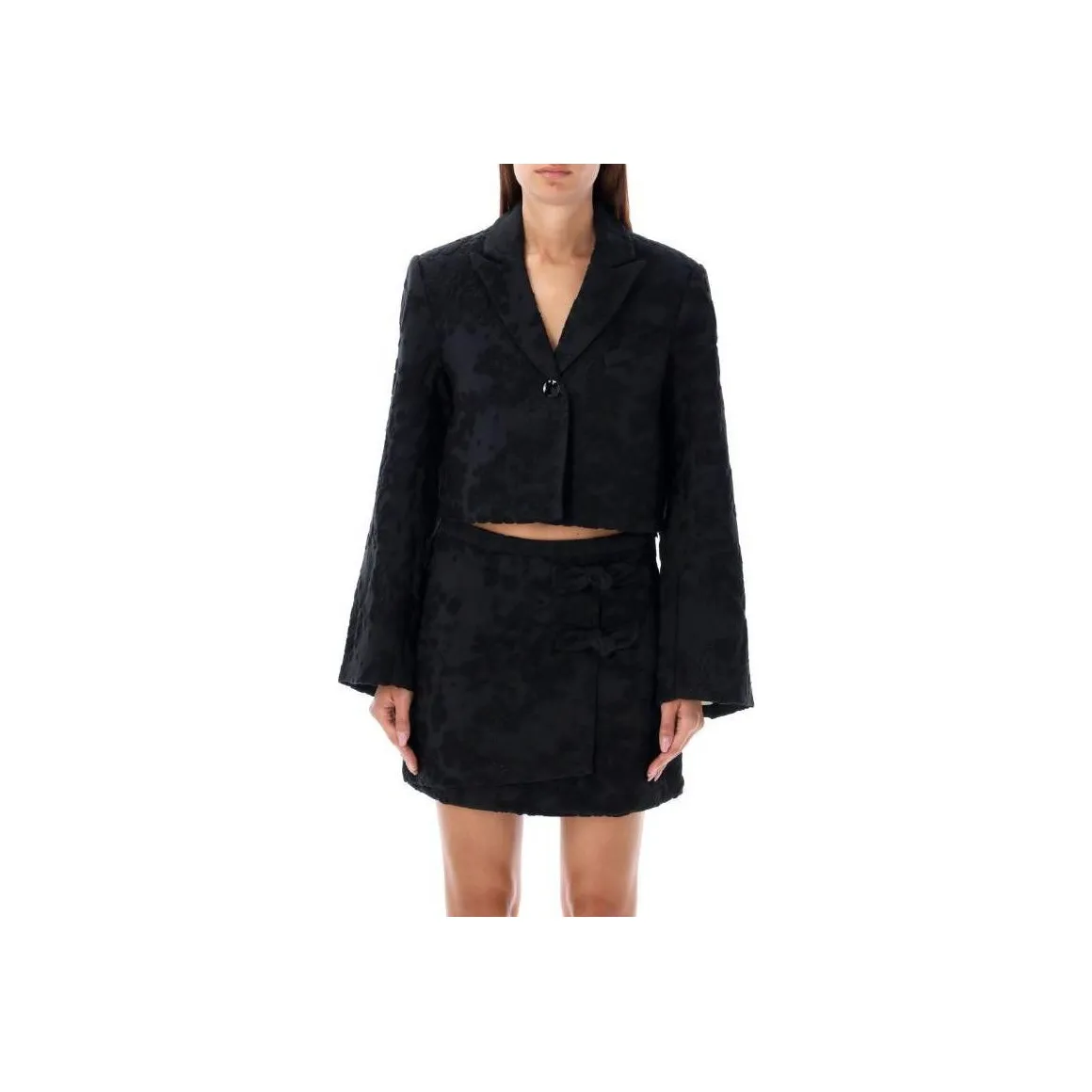 GANNI Floral Embroidered Single Breasted Cropped Blazer