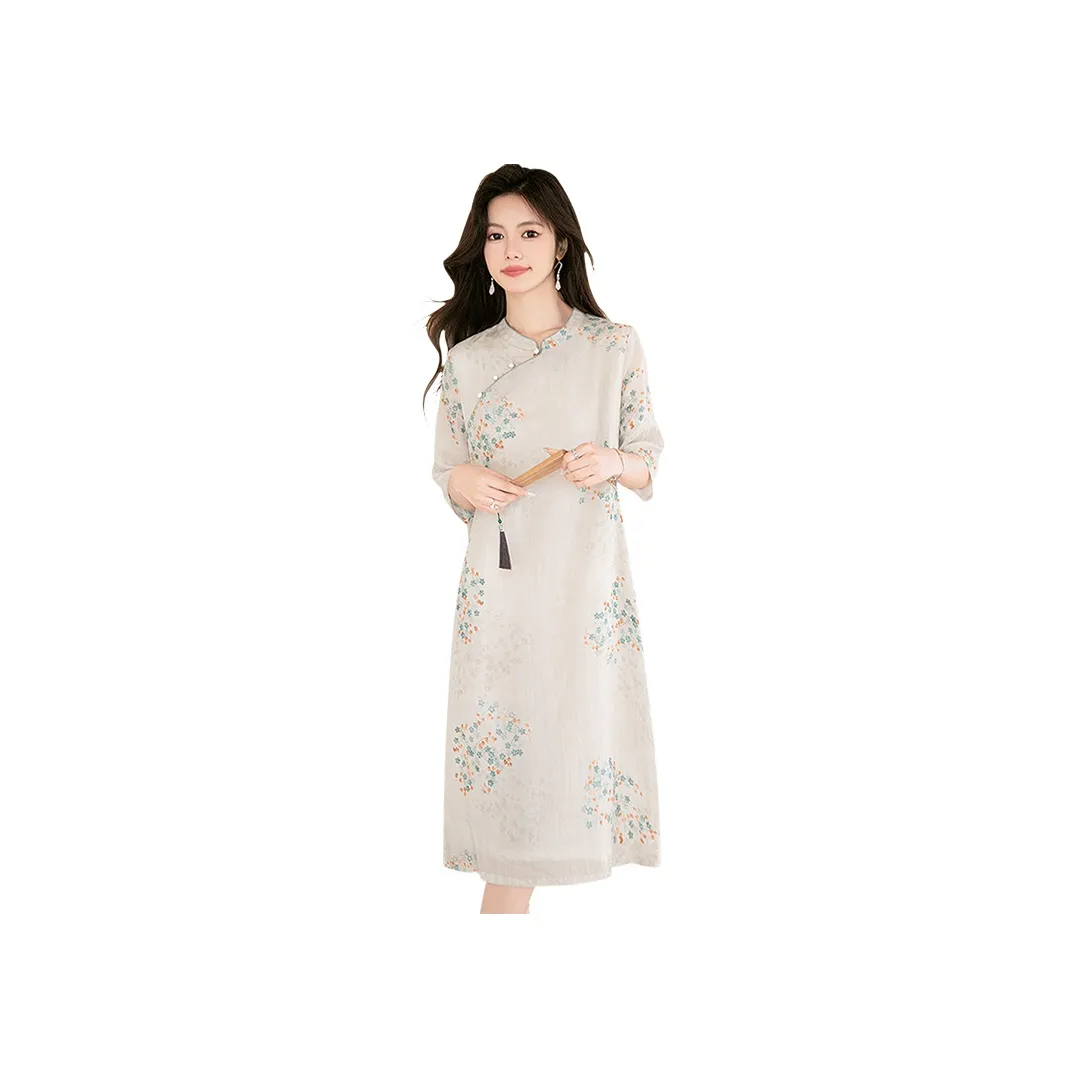 Cypress House Short Sleeved Dress Women's Apricot With Orange And Blue Floral