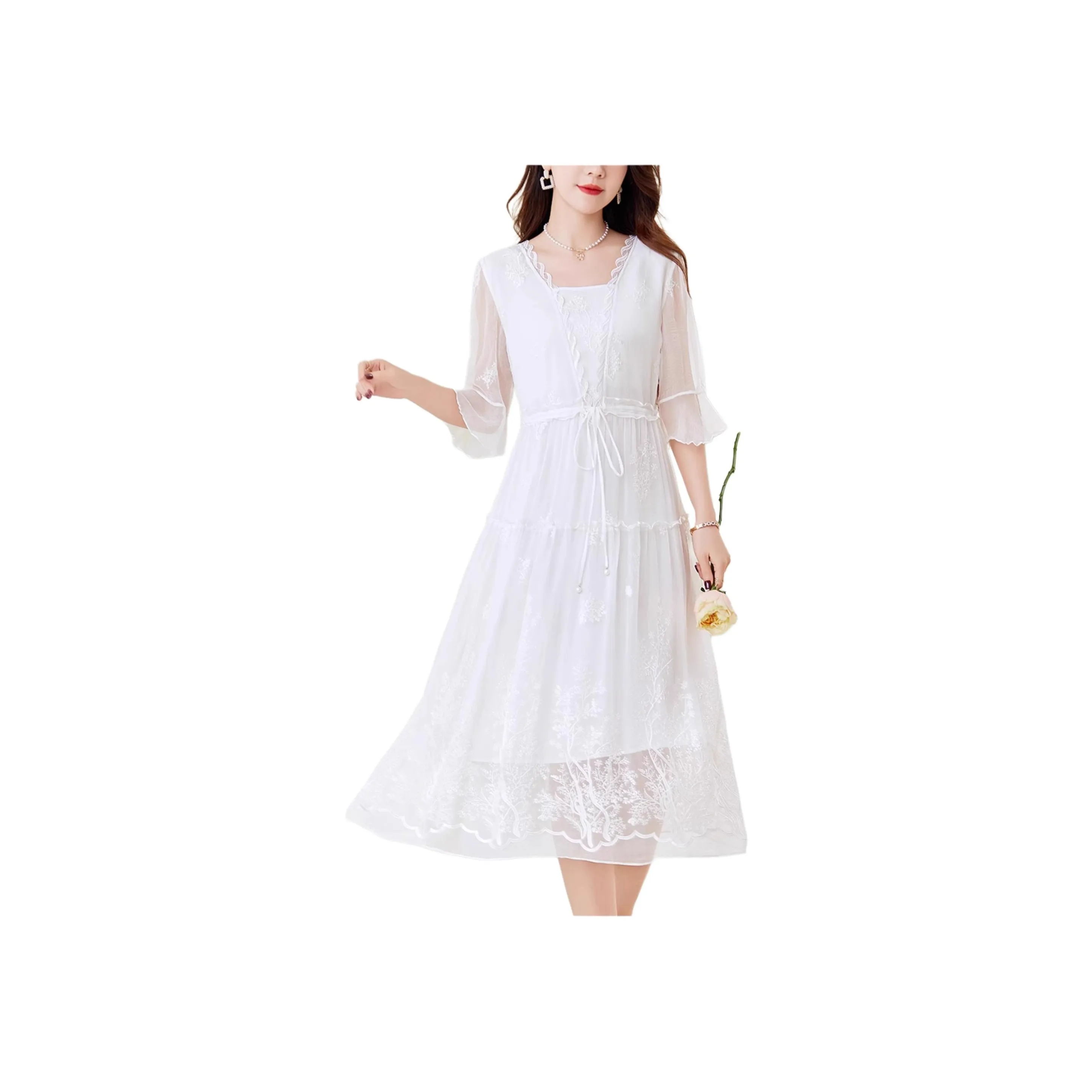Yi Mengyuan Lace Up Silk Long Sleeved Dress Women's White