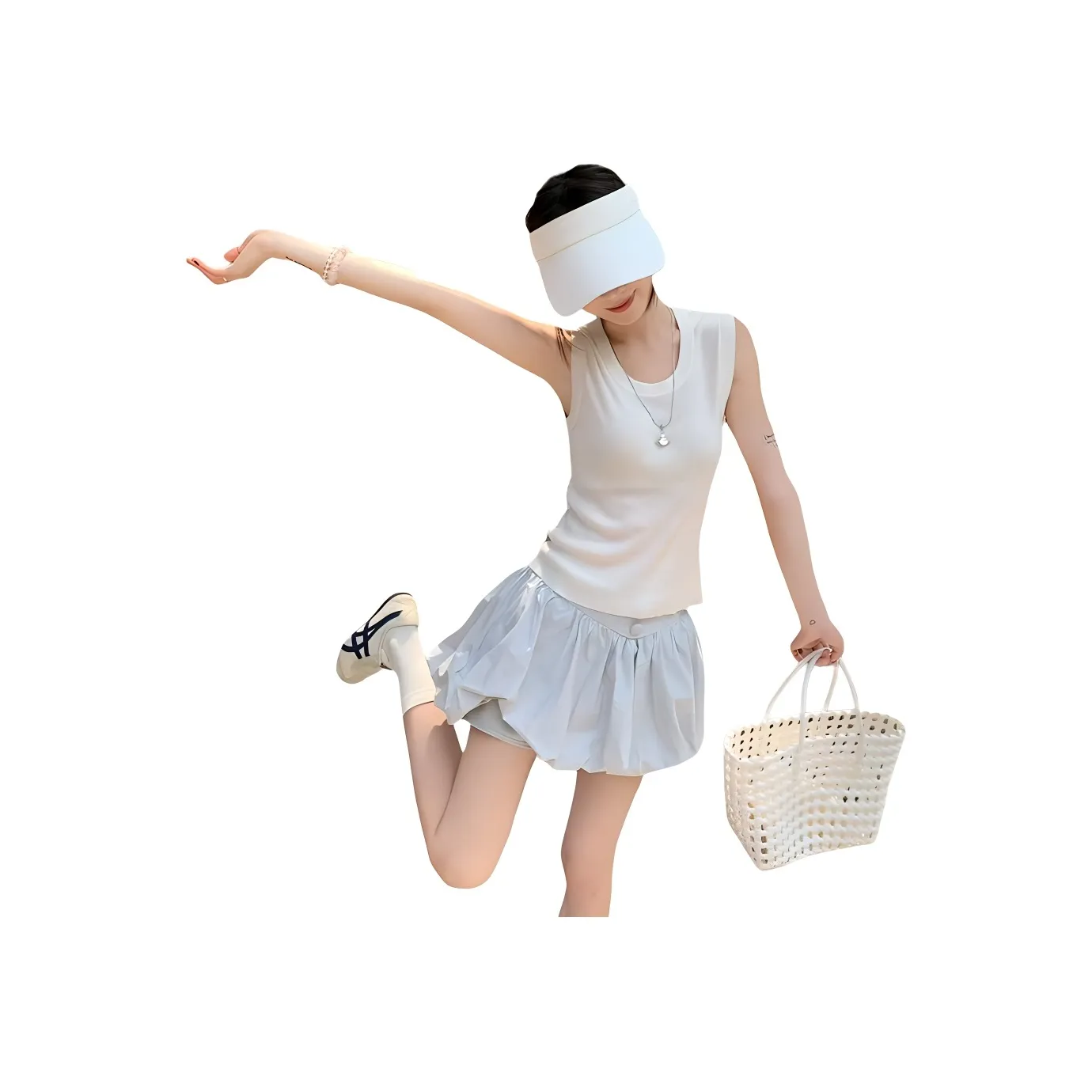 Garbege Two Piece Skirt Sets Women's White Top+Blue Skirt Set