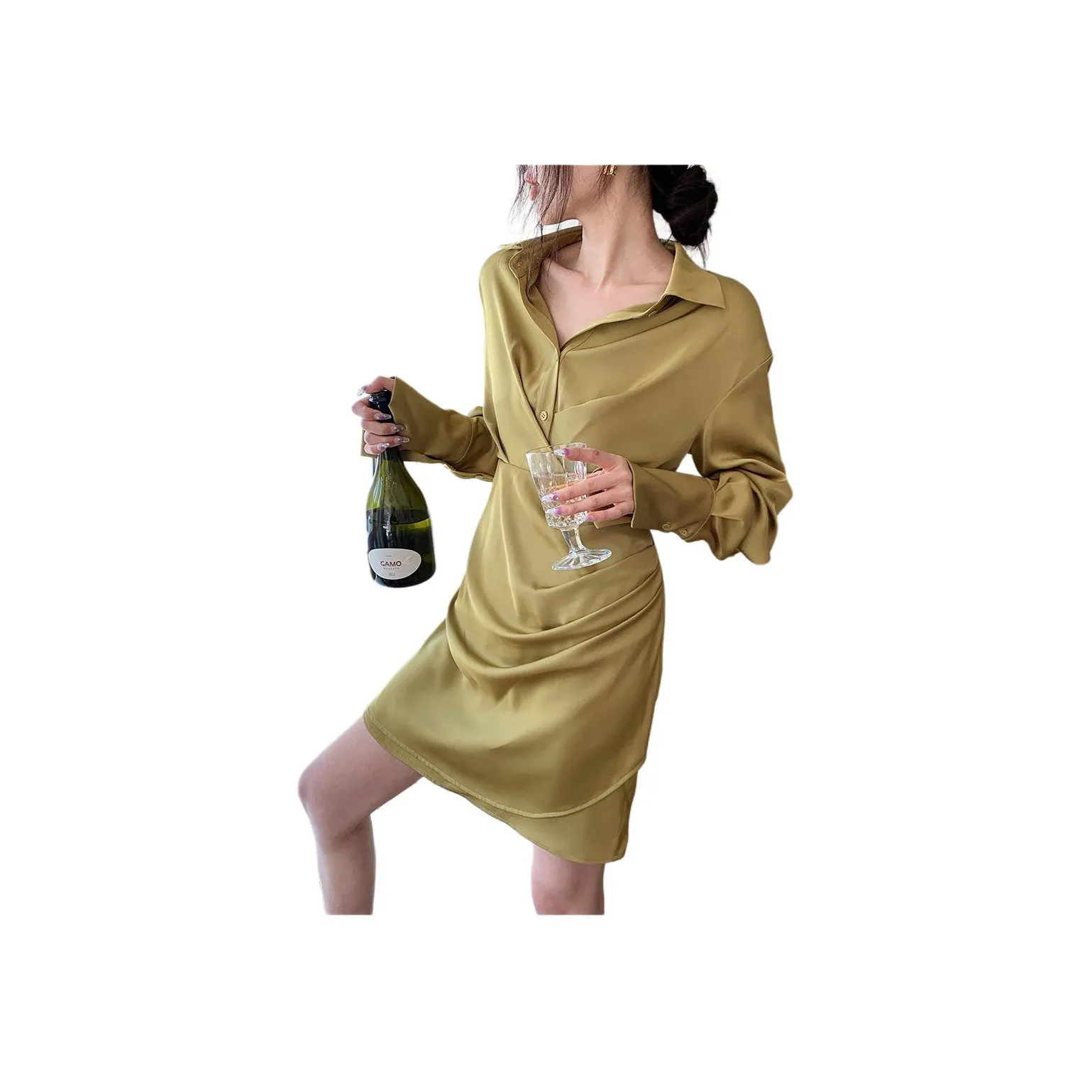 NANING9 Длинное платье с длинными рукавами женское желто-зеленое