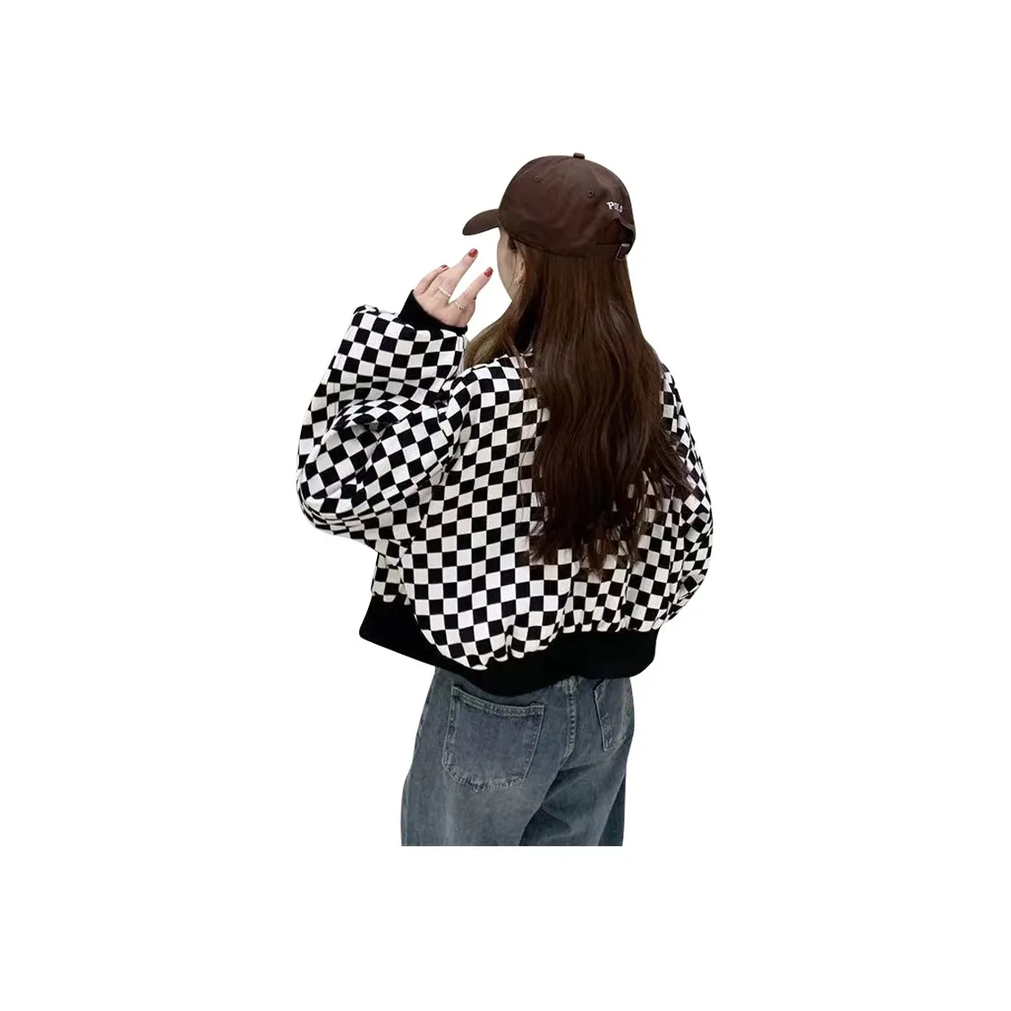 La Chapelle Baseball Jacket Women's Black White Plaid