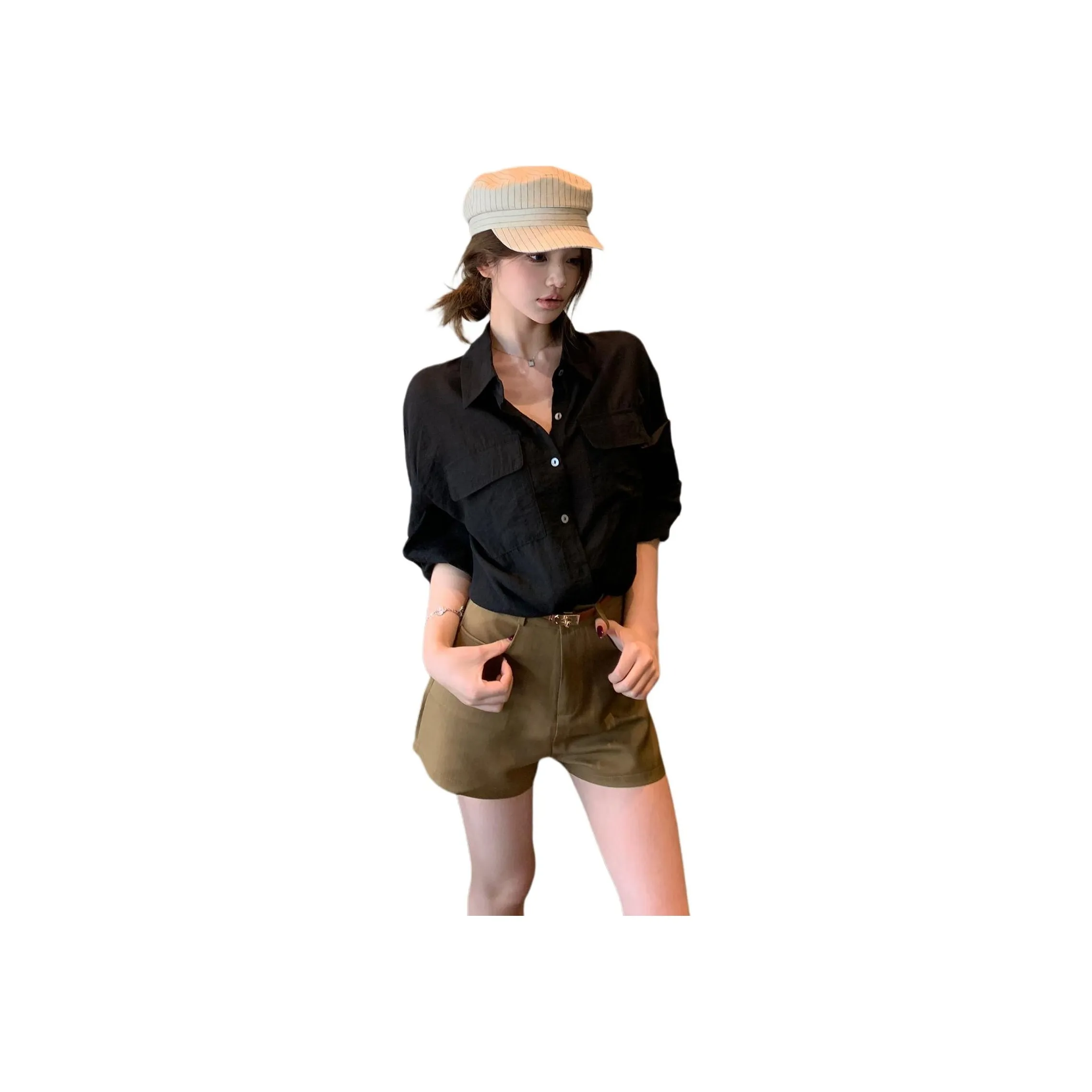 Wick buen Двухкомпонентный комплект Хаки шорты + Черная рубашка Женская Повседневная одежда