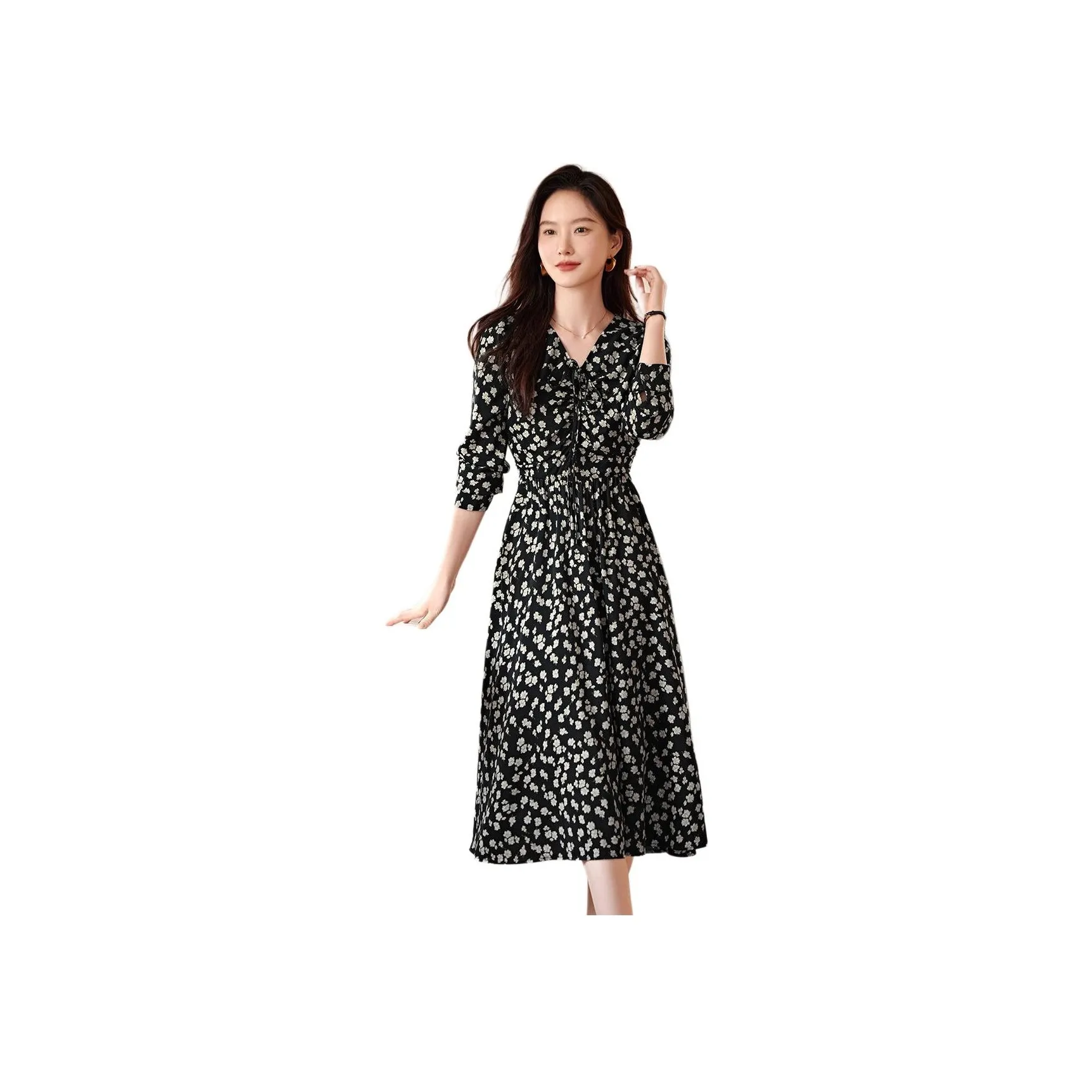 XWI Long Sleeved Dress Women's Black With Beige Floral