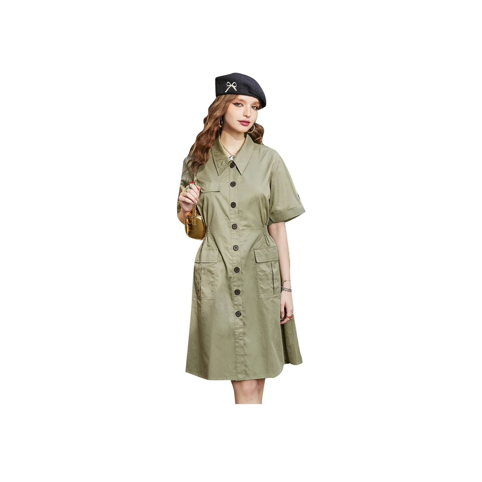 ELF SACK Solid Color Shirt Style Workwear Casual Street Vintage Dress Women's