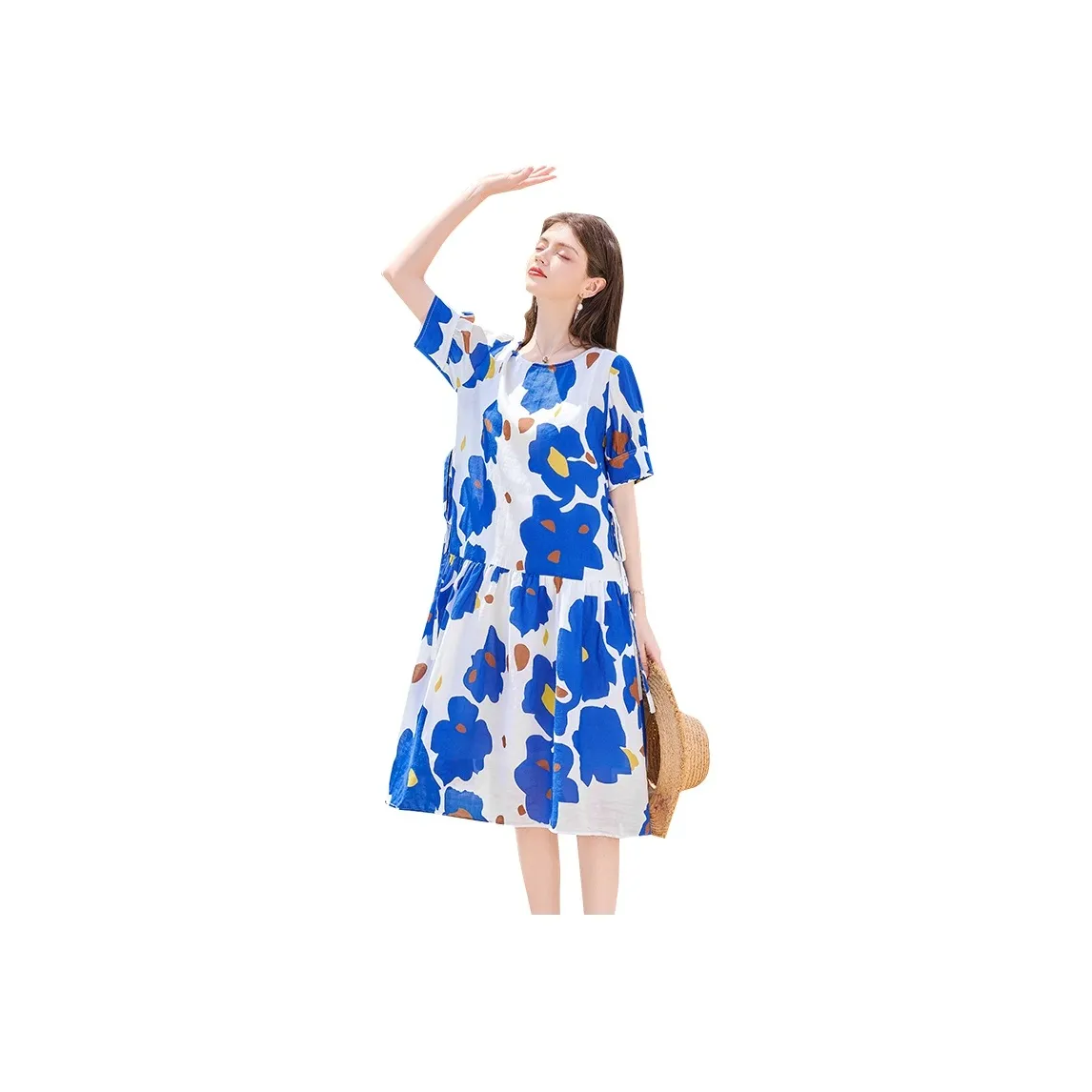 TOUCH Short Sleeved Dress Women's White With Blue Floral