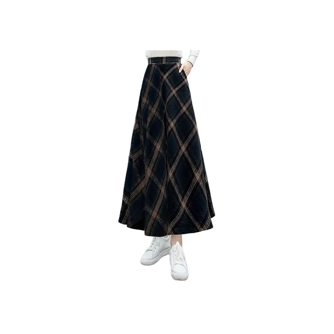 Cypress House Casual Long Skirt Women's Navy Blue Plaid