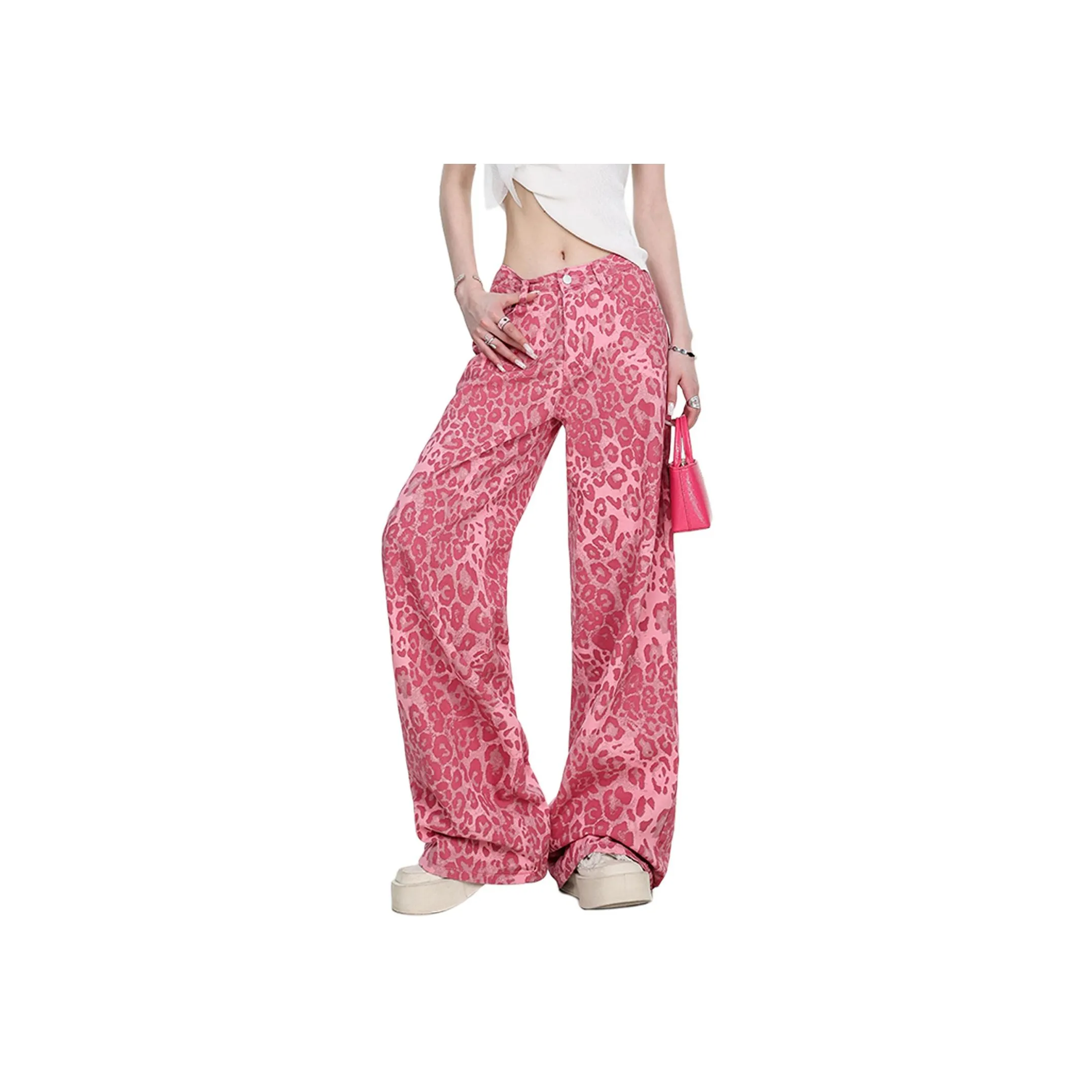 Wbwq Pink Leopard Print Women's Jeans Wbwq Розовые Джинсы с Леопардовым Принтом для Женщин