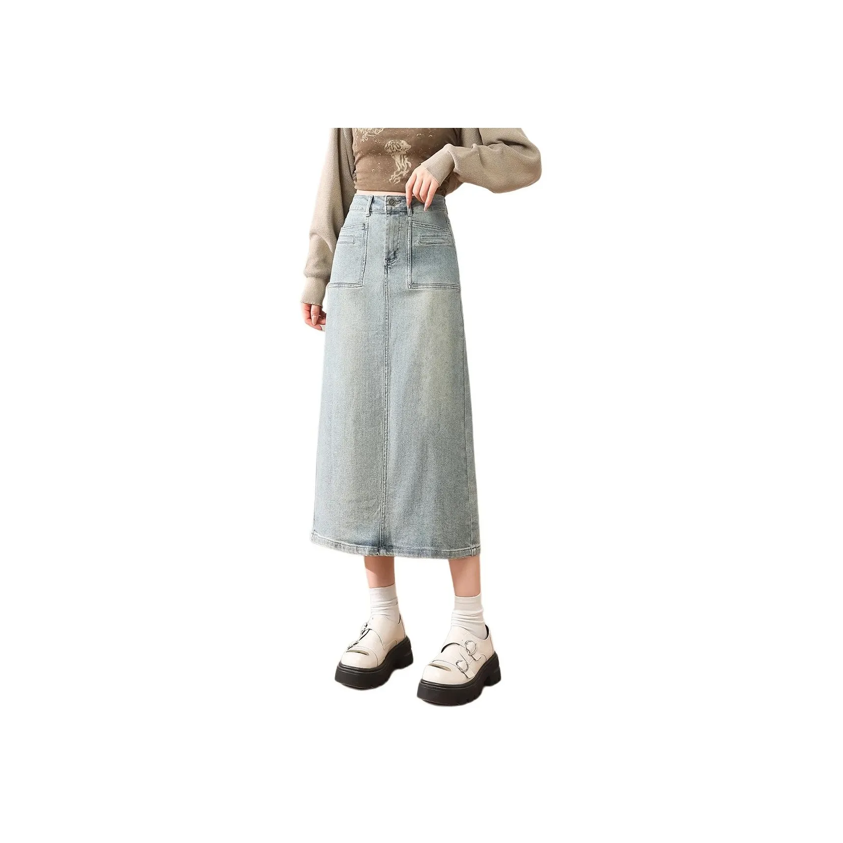 TERRE BLEUE Denim Long Skirt Women's Light Blue