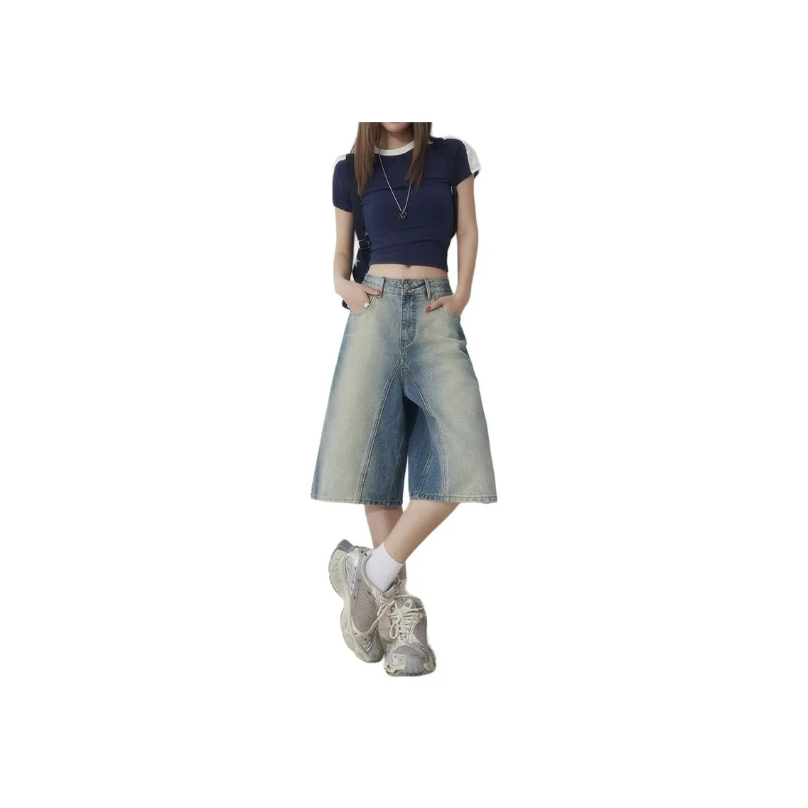 Wen Shan Denim Shorts Women's Vintage Knee Length Pants