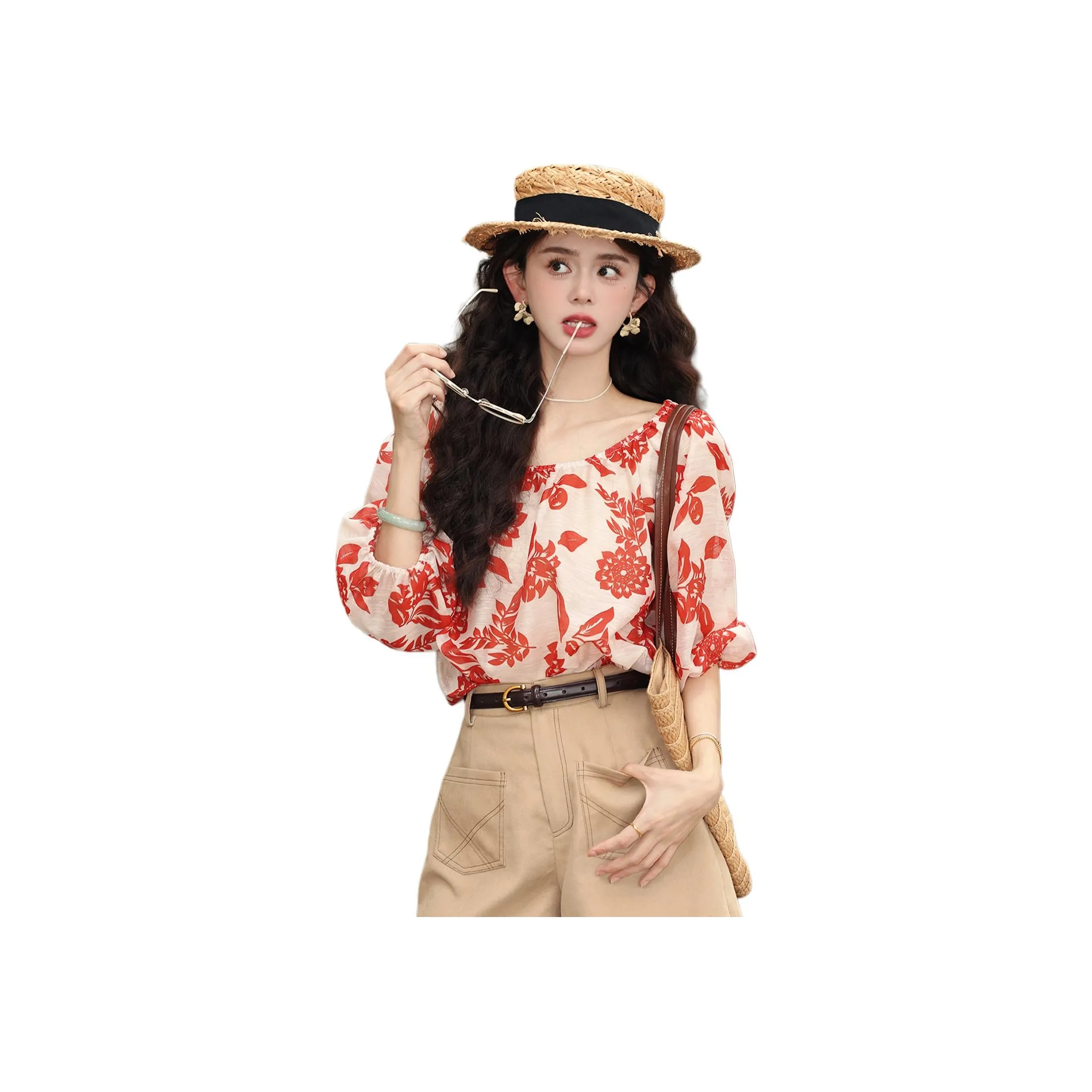 Wbwq Абрикос с Красным Цветочным Женские Шифоновые Рубашки