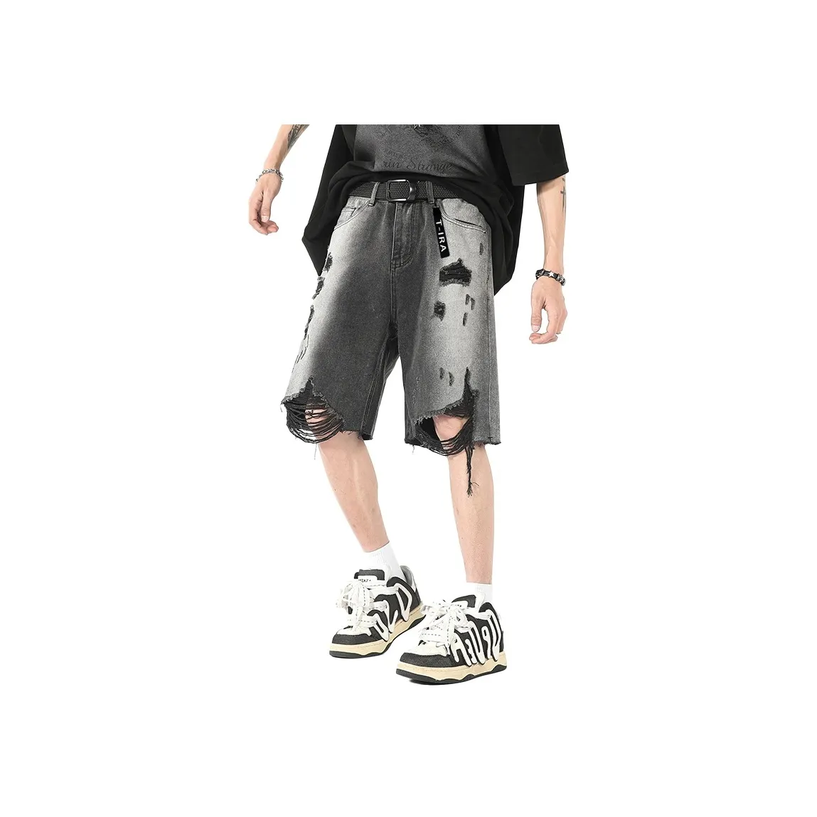 T IRA Черный Нет Логотип Пряжка Унисекс Джинсовые шорты