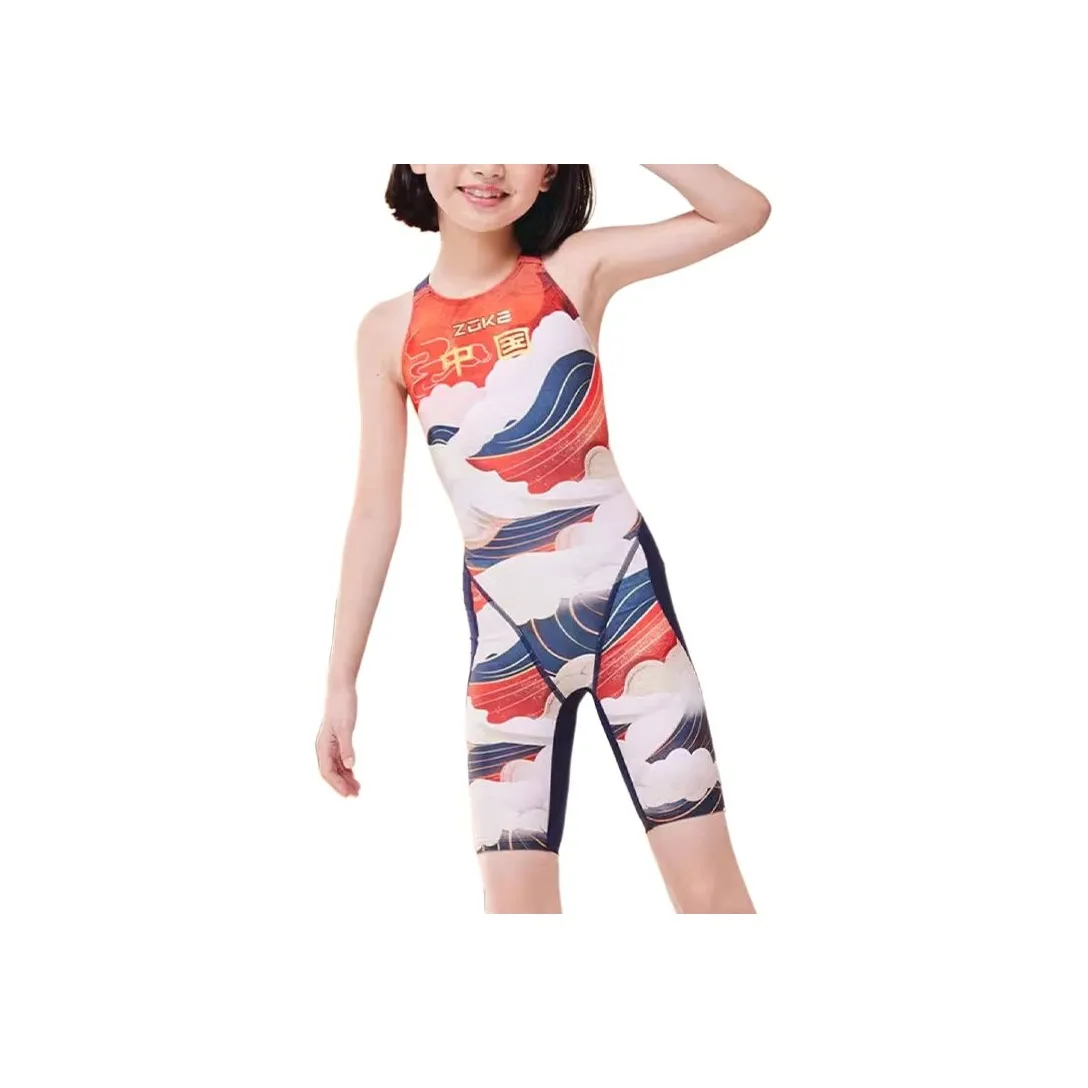 ZOKE Детский купальник парча Китай красно-белый китайский стиль подростки
