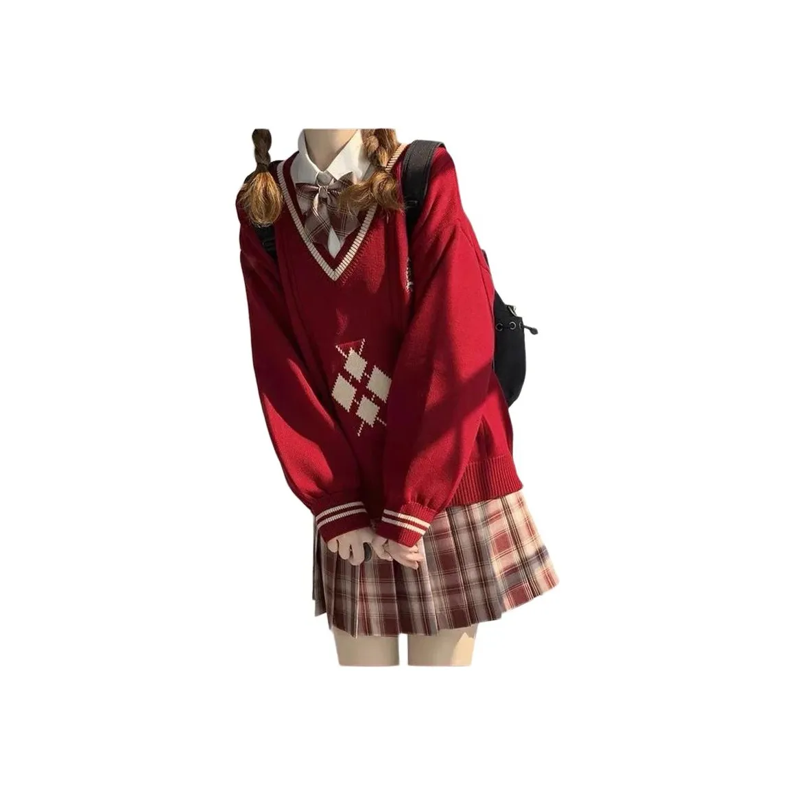 Mu Qingqing Белая рубашка + Галстуки-бабочки + Клетчатая юбка + Свитер Комплект из трех предметов Женские юбочные комплекты