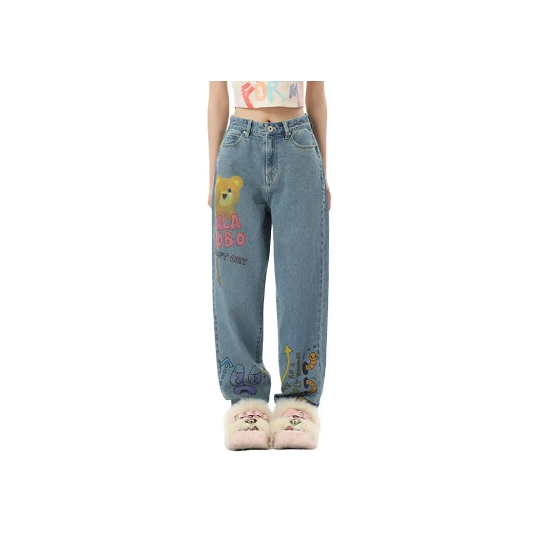 LALABOBO Джинсы Женские Средне-голубой Белый