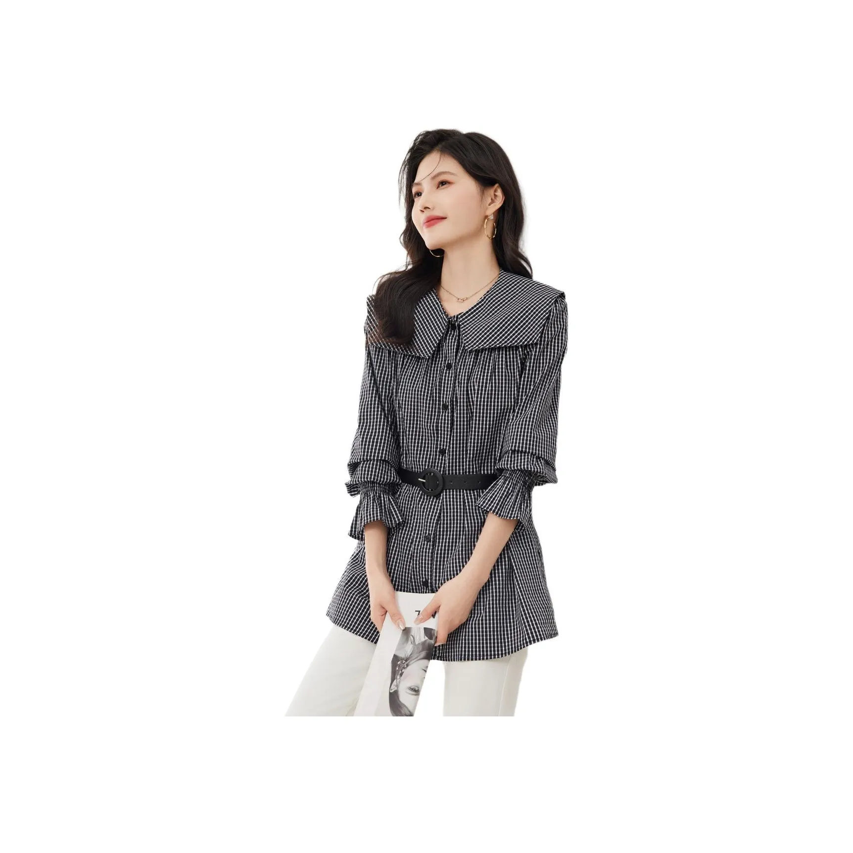 XINFEIYU Черно-белая клетка Женские рубашки