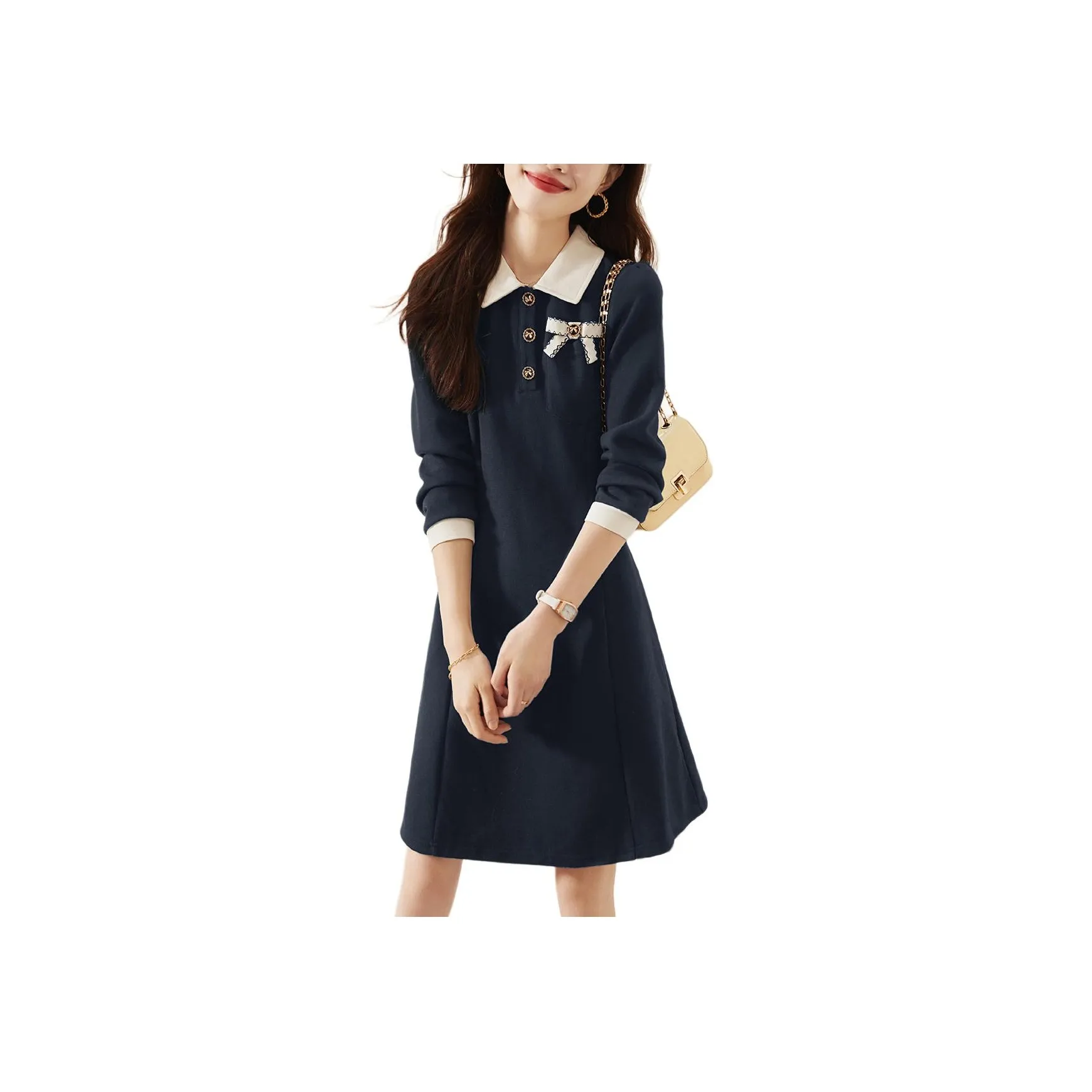 Mo Han Yi Mei Long Sleeved Dresses Women's Navy Blue