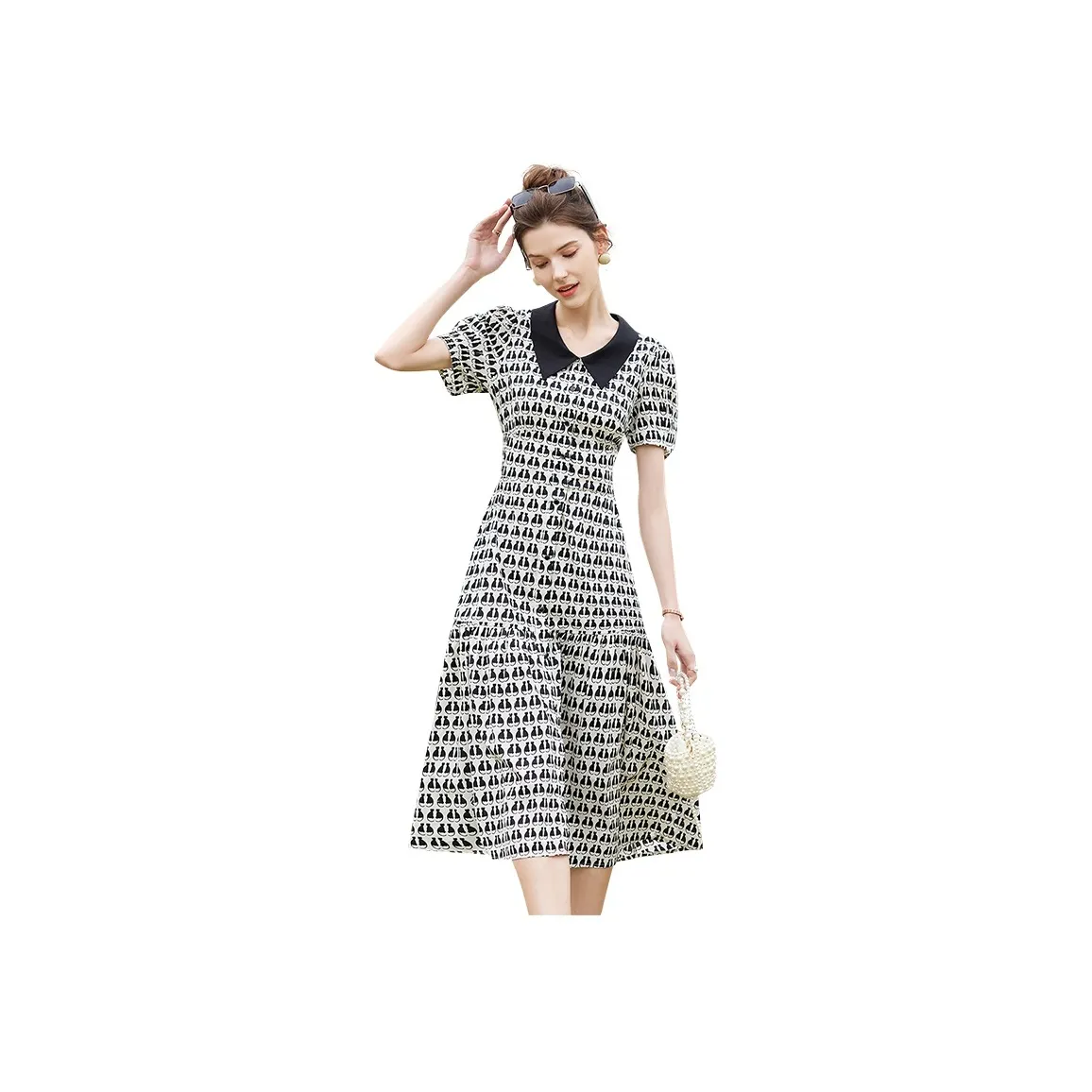 TOUCH Short Sleeved Dress Women's Beige With White Floral Pattern